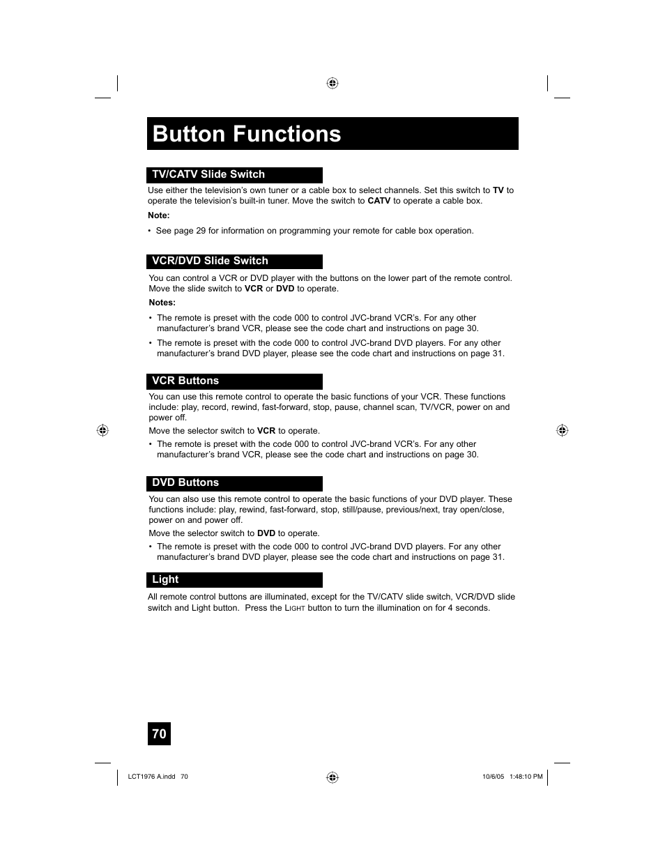 Tv/catv slide switch, Vcr/dvd slide switch, Vcr buttons | Dvd buttons, Light, Button functions | JVC 1005TNH-II-IM User Manual | Page 70 / 96