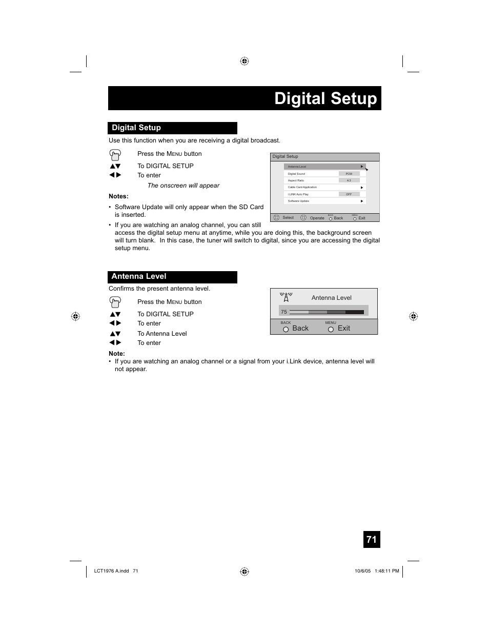 Digital setup, Antenna level | JVC 1005TNH-II-IM User Manual | Page 71 / 96