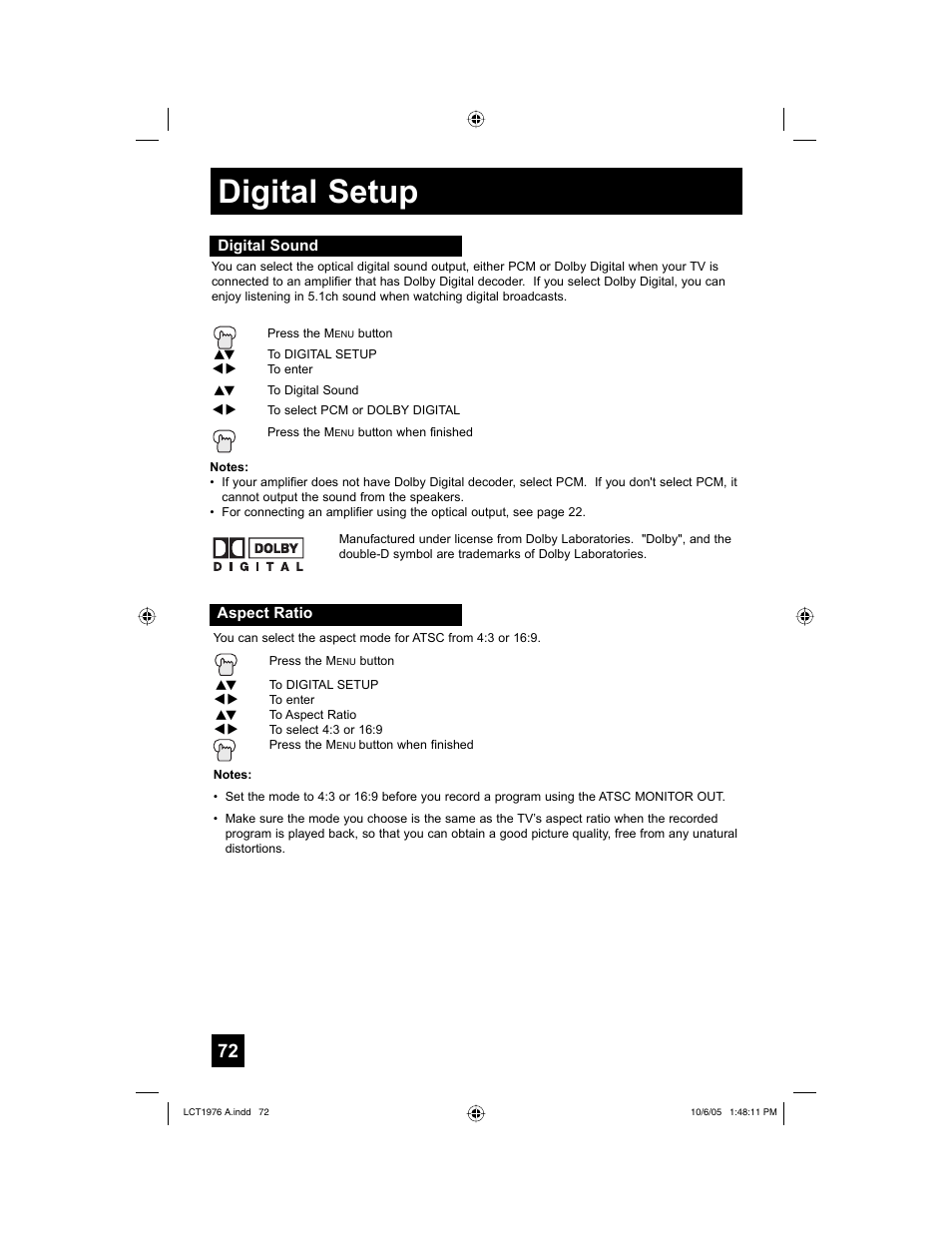 Digital sound, Aspect ratio, Digital setup | JVC 1005TNH-II-IM User Manual | Page 72 / 96