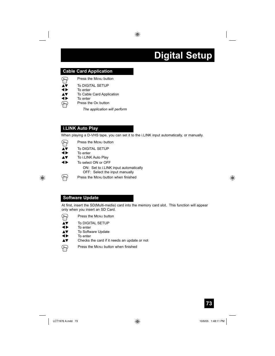 Cable card application, I.link auto play, Software update | Digital setup | JVC 1005TNH-II-IM User Manual | Page 73 / 96