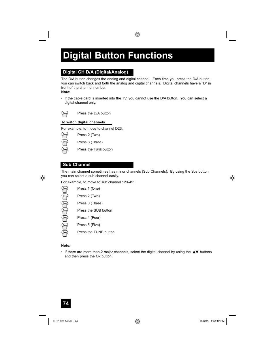 Digital button functions, Digital ch d/a (digital/analog), Sub channel | JVC 1005TNH-II-IM User Manual | Page 74 / 96