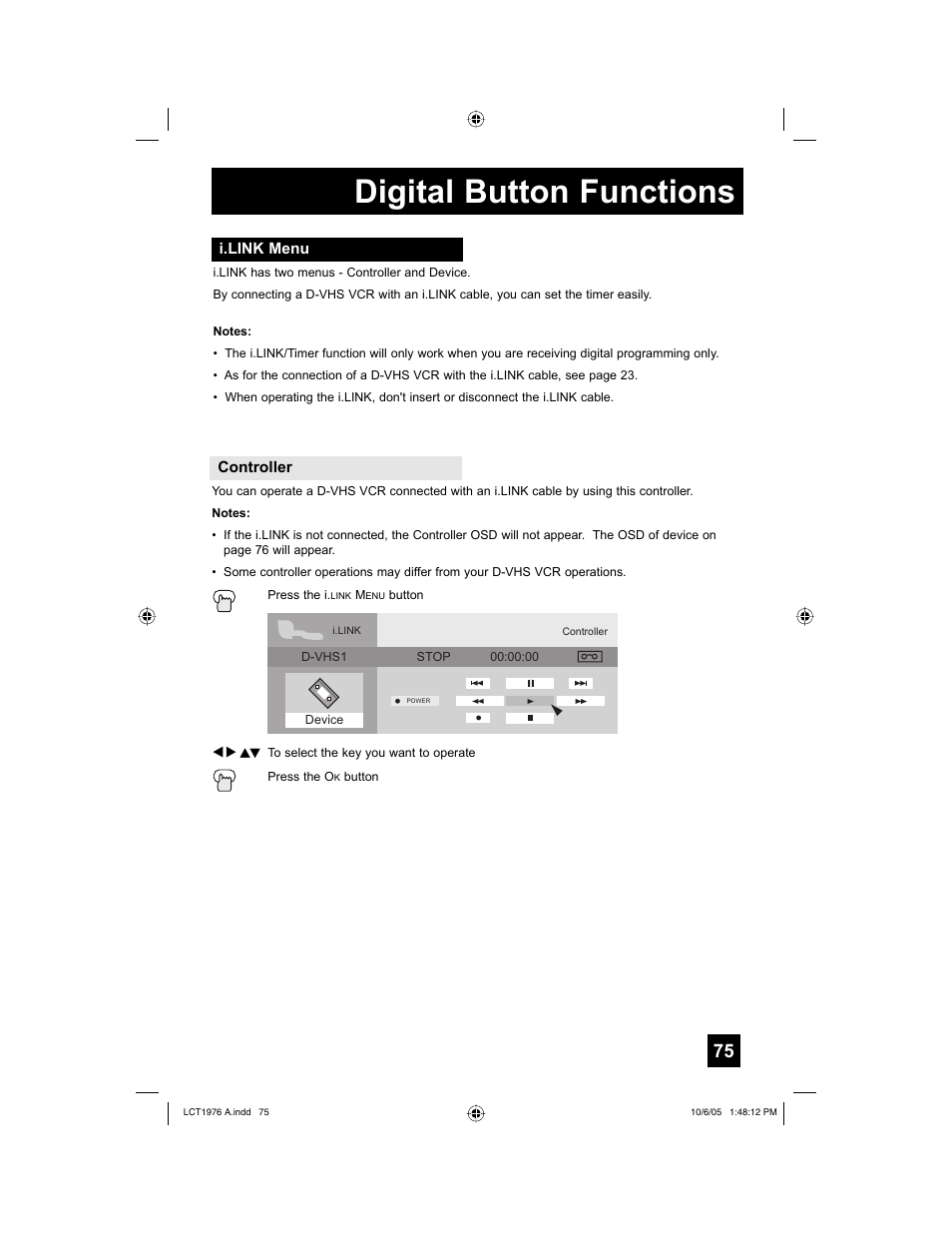 I.link menu, Digital button functions | JVC 1005TNH-II-IM User Manual | Page 75 / 96