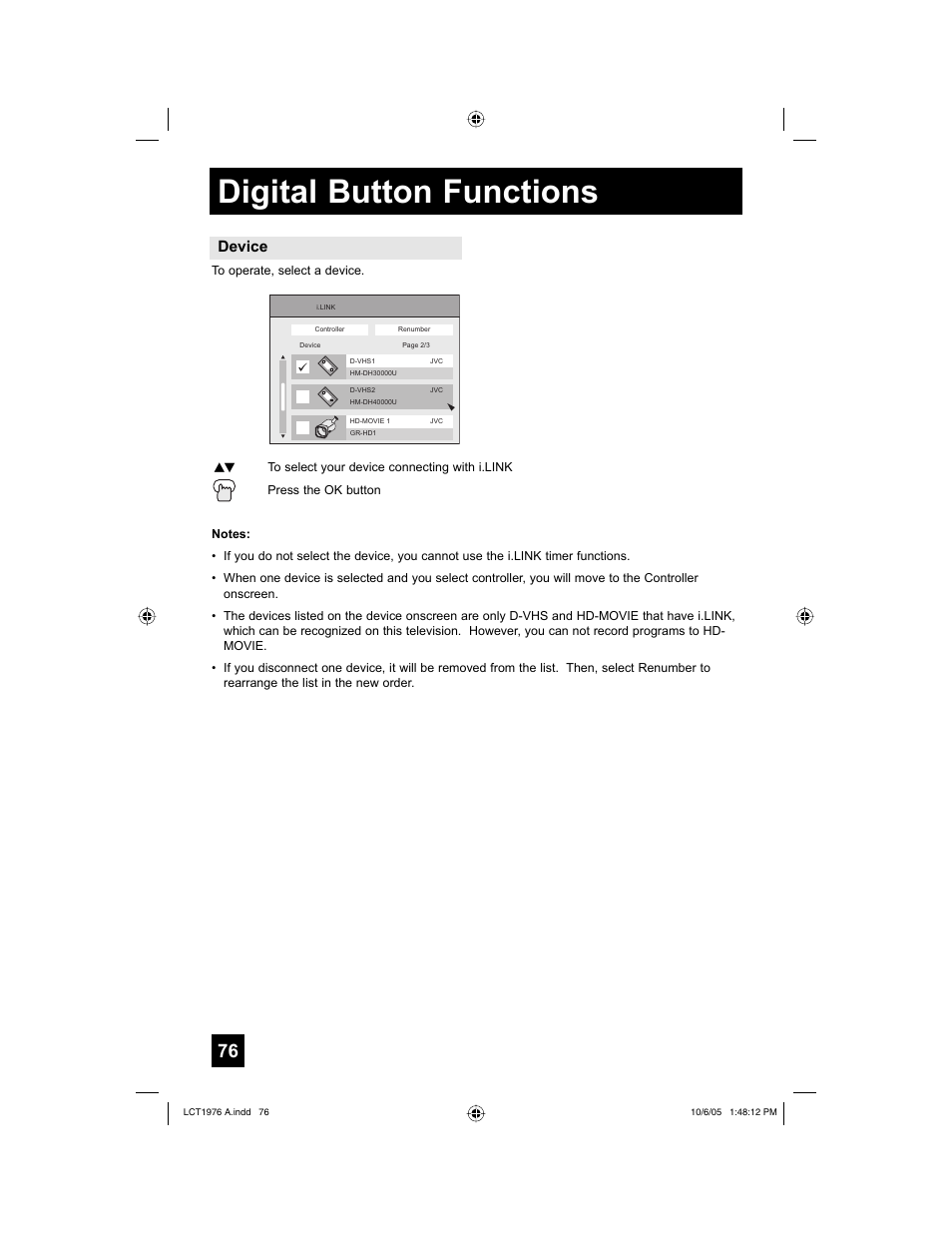 Digital button functions, Device | JVC 1005TNH-II-IM User Manual | Page 76 / 96