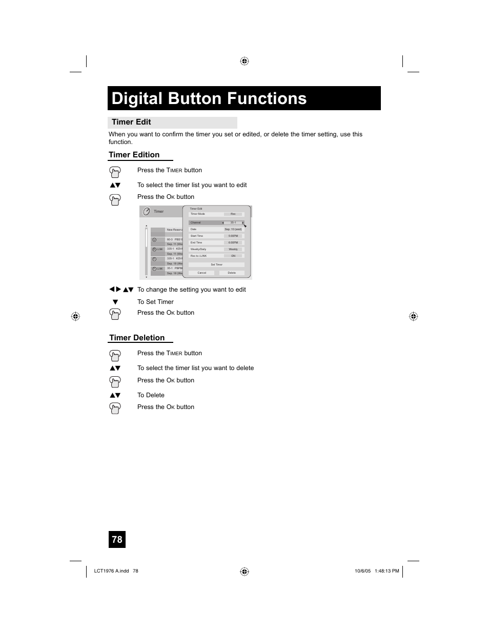 Digital button functions, Timer edit, Timer edition | Timer deletion | JVC 1005TNH-II-IM User Manual | Page 78 / 96