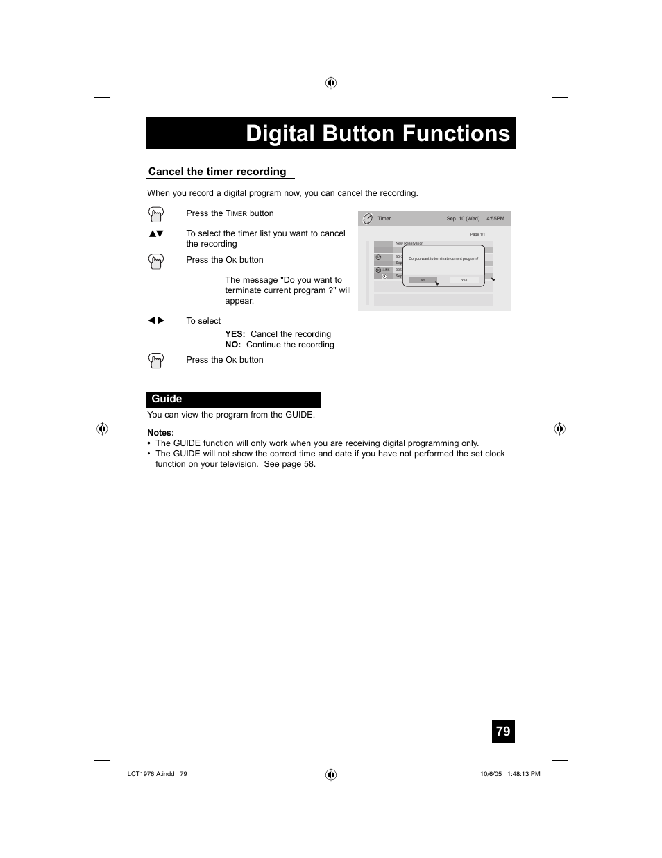 Guide, Digital button functions, Cancel the timer recording | JVC 1005TNH-II-IM User Manual | Page 79 / 96