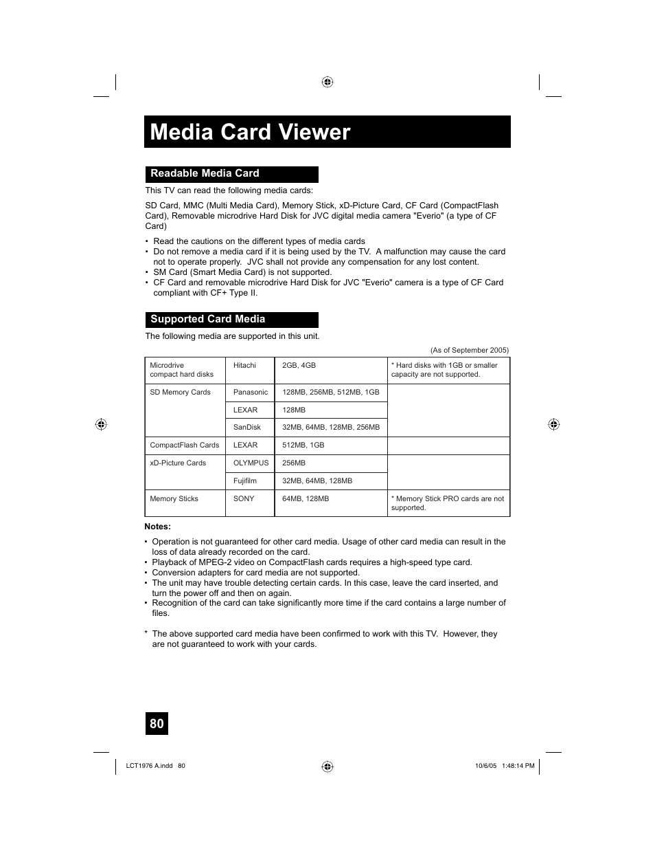 Media card viewer, Readable media card, Supported card media | Readable media card supported card media | JVC 1005TNH-II-IM User Manual | Page 80 / 96