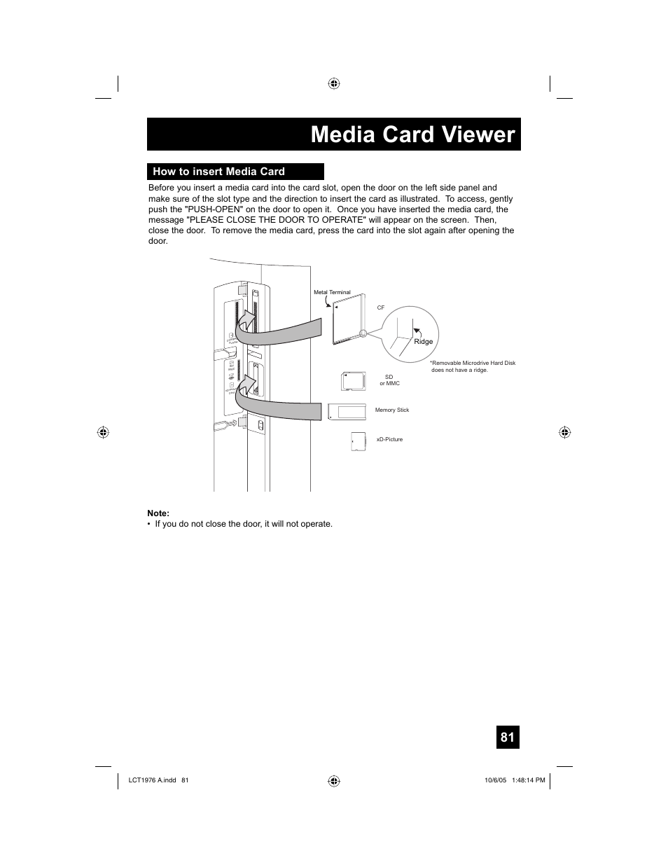 How to insert media card, Media card viewer | JVC 1005TNH-II-IM User Manual | Page 81 / 96