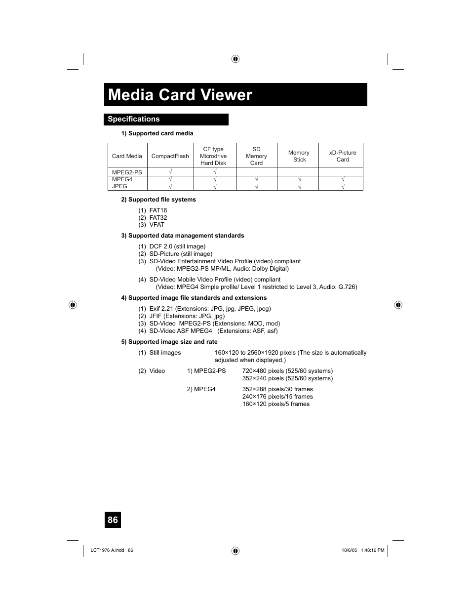 Specifications, Media card viewer | JVC 1005TNH-II-IM User Manual | Page 86 / 96