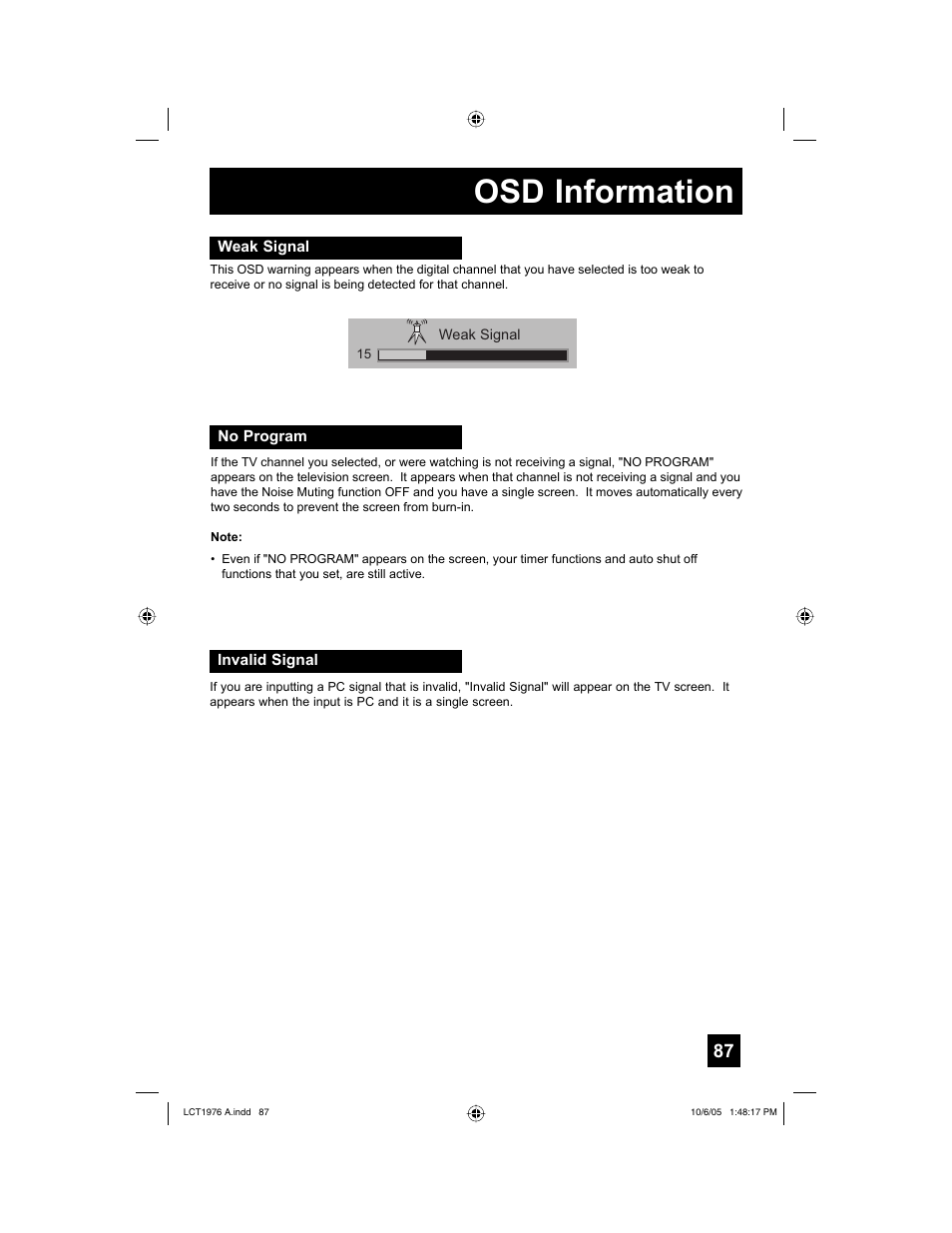 Osd information, Weak signal, No program | Invalid signal | JVC 1005TNH-II-IM User Manual | Page 87 / 96