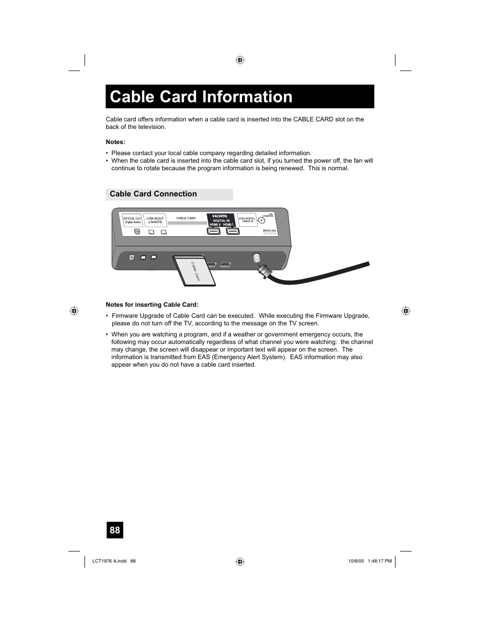 Cable card information, Cable card connection | JVC 1005TNH-II-IM User Manual | Page 88 / 96