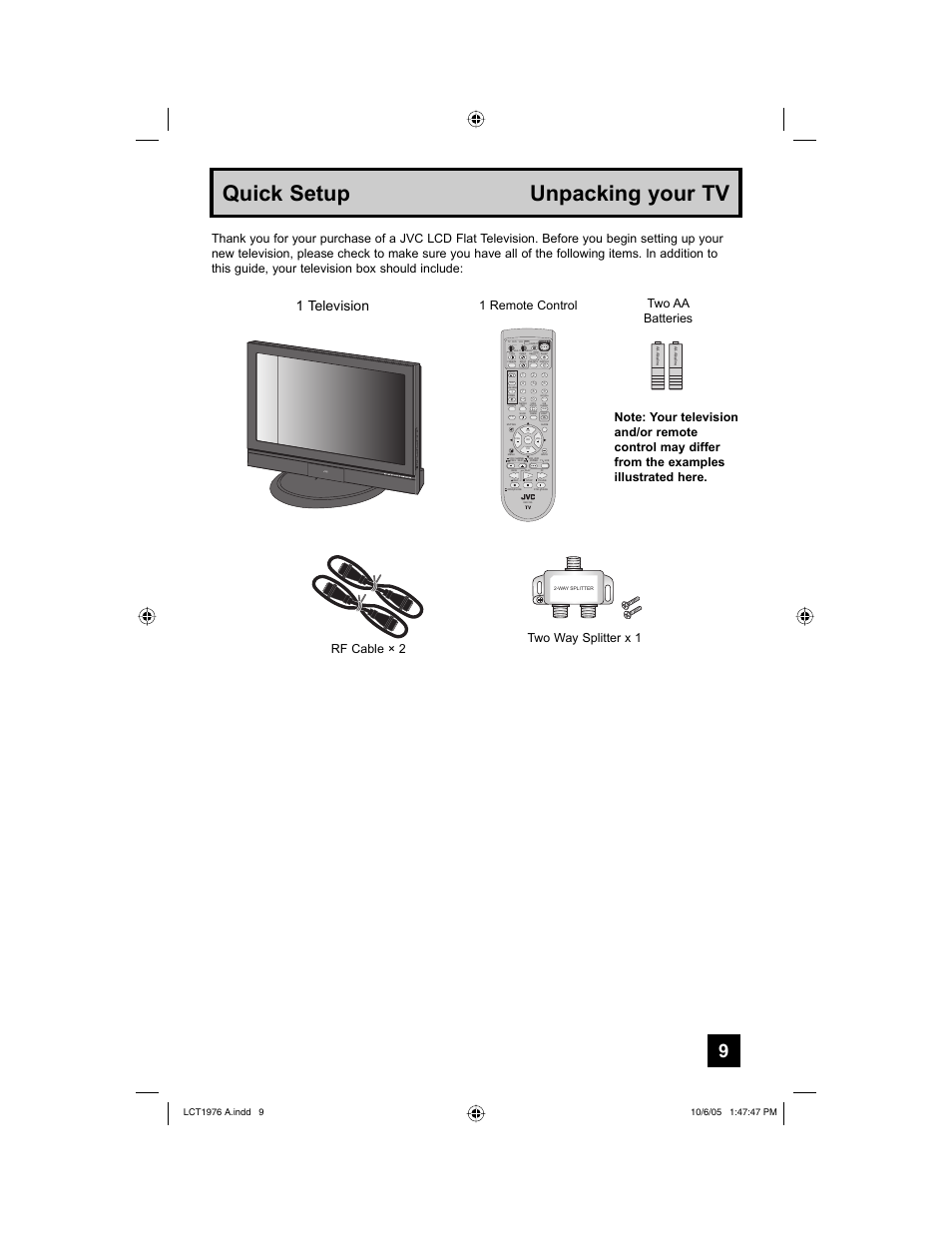 Quick setup, Unpacking your tv, Quick setup unpacking your tv | 1 television, Return, Tune tv, Two way splitter x 1 rf cable × 2 two aa batteries, 1 remote control | JVC 1005TNH-II-IM User Manual | Page 9 / 96