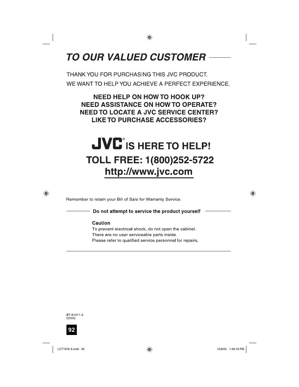 To our valued customer | JVC 1005TNH-II-IM User Manual | Page 92 / 96