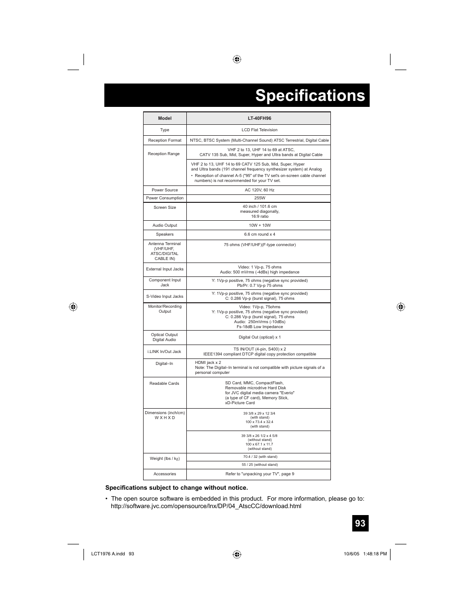 Specifications | JVC 1005TNH-II-IM User Manual | Page 93 / 96