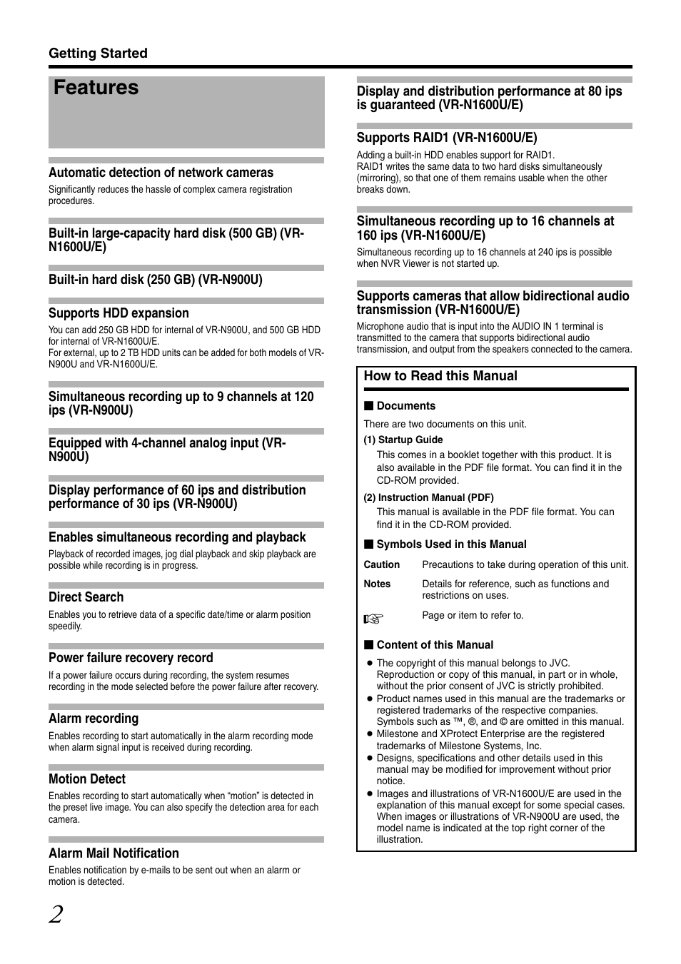 Getting started, Features | JVC VR-N1600U User Manual | Page 10 / 162