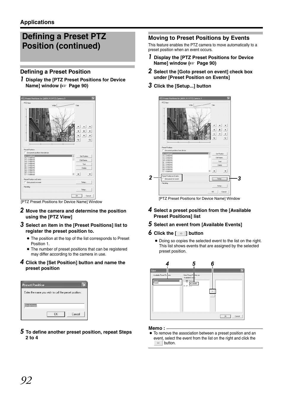 Defining a preset position, Moving to preset positions by events, Ation to this preset position | Position]), Defining a preset ptz position (continued) | JVC VR-N1600U User Manual | Page 100 / 162