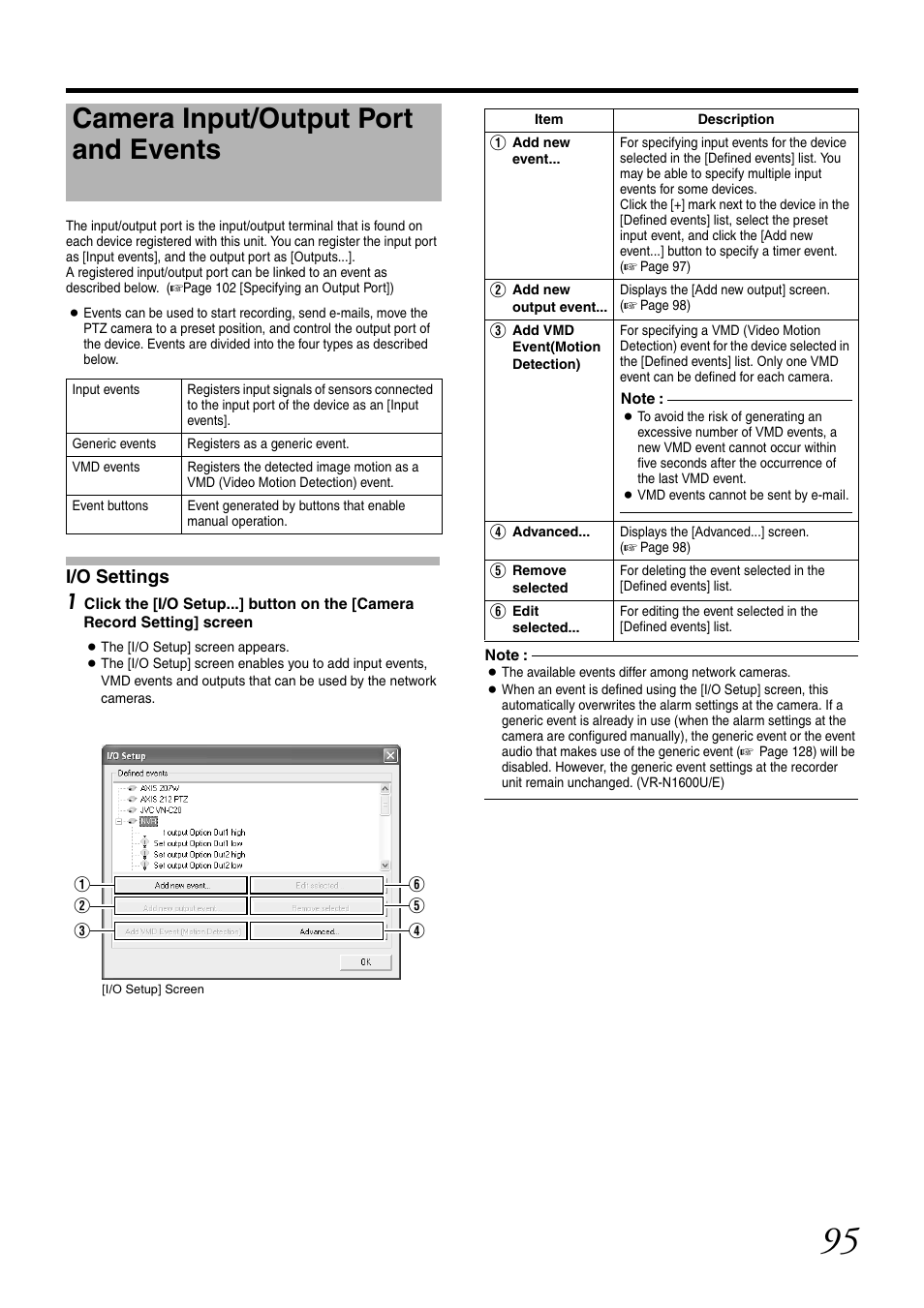 Camera input/output port and events, I/o settings, To [camera input/output port and | Events | JVC VR-N1600U User Manual | Page 103 / 162