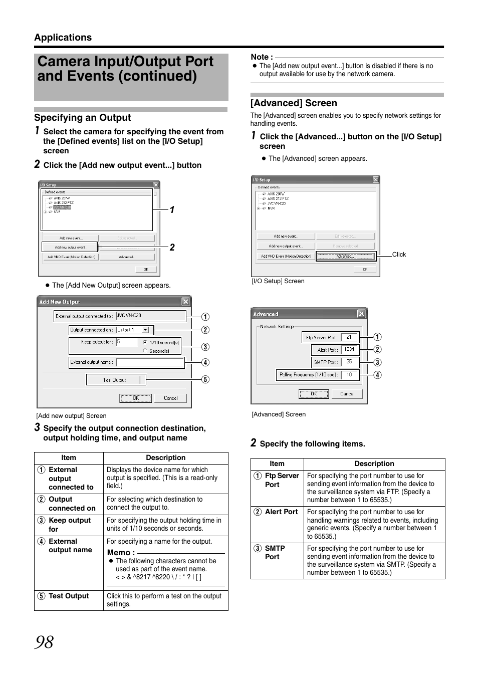 Specifying an output, Advanced] screen, Camera input/output port and events (continued) | JVC VR-N1600U User Manual | Page 106 / 162