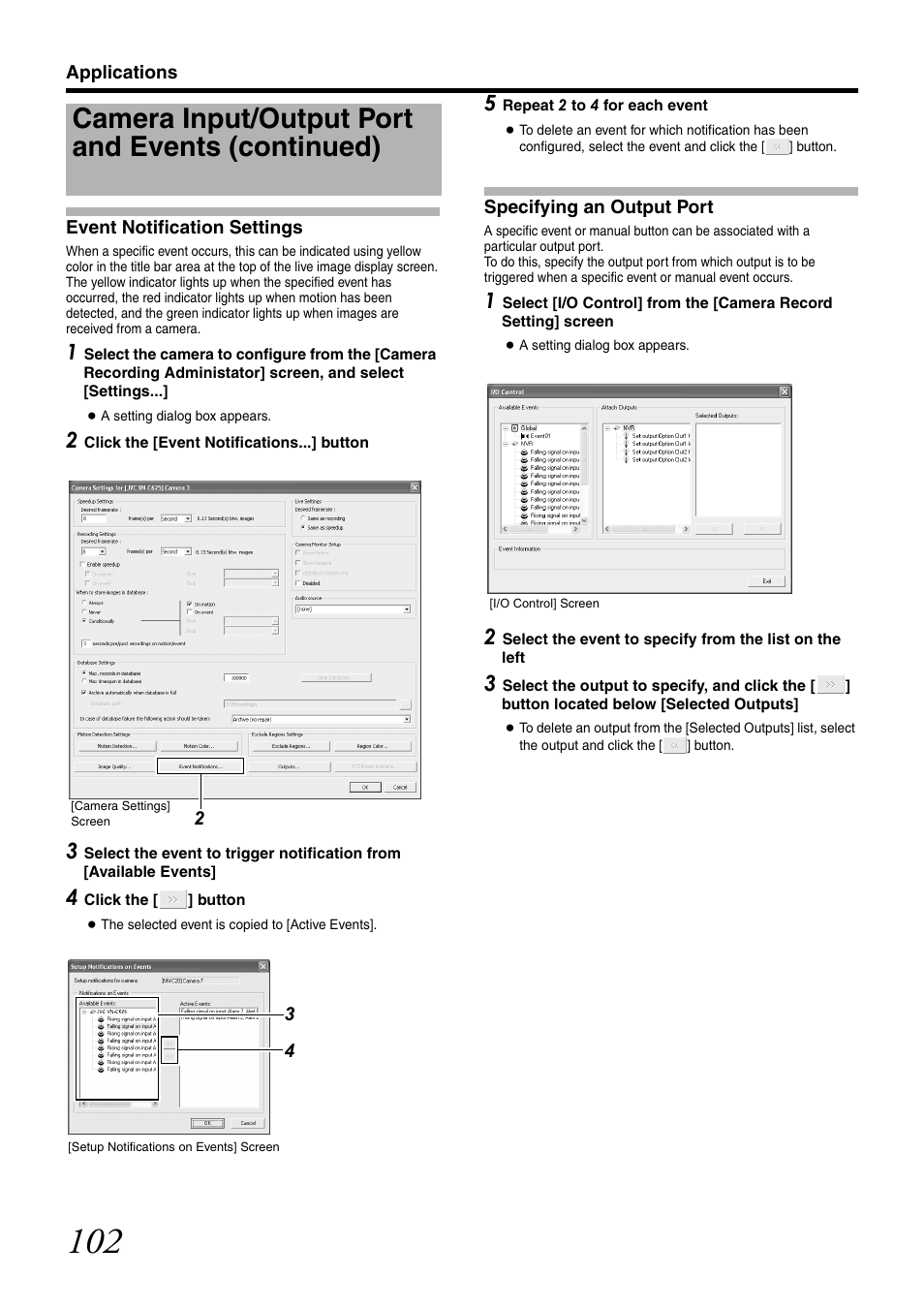 Event notification settings, Specifying an output port, Ent notification | Notification setting, Camera input/output port and events (continued) | JVC VR-N1600U User Manual | Page 110 / 162