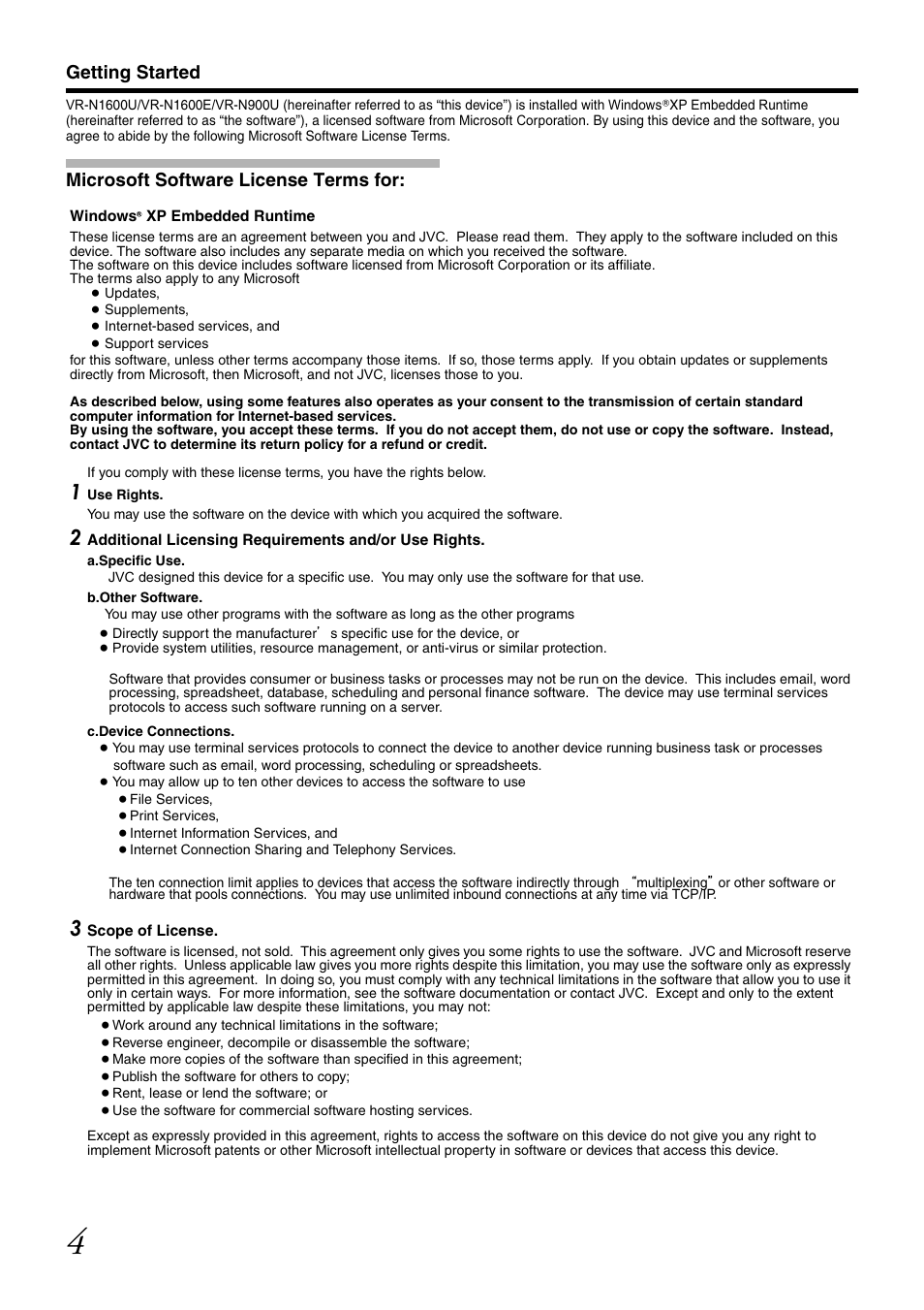 Getting started, Microsoft software license terms for | JVC VR-N1600U User Manual | Page 12 / 162