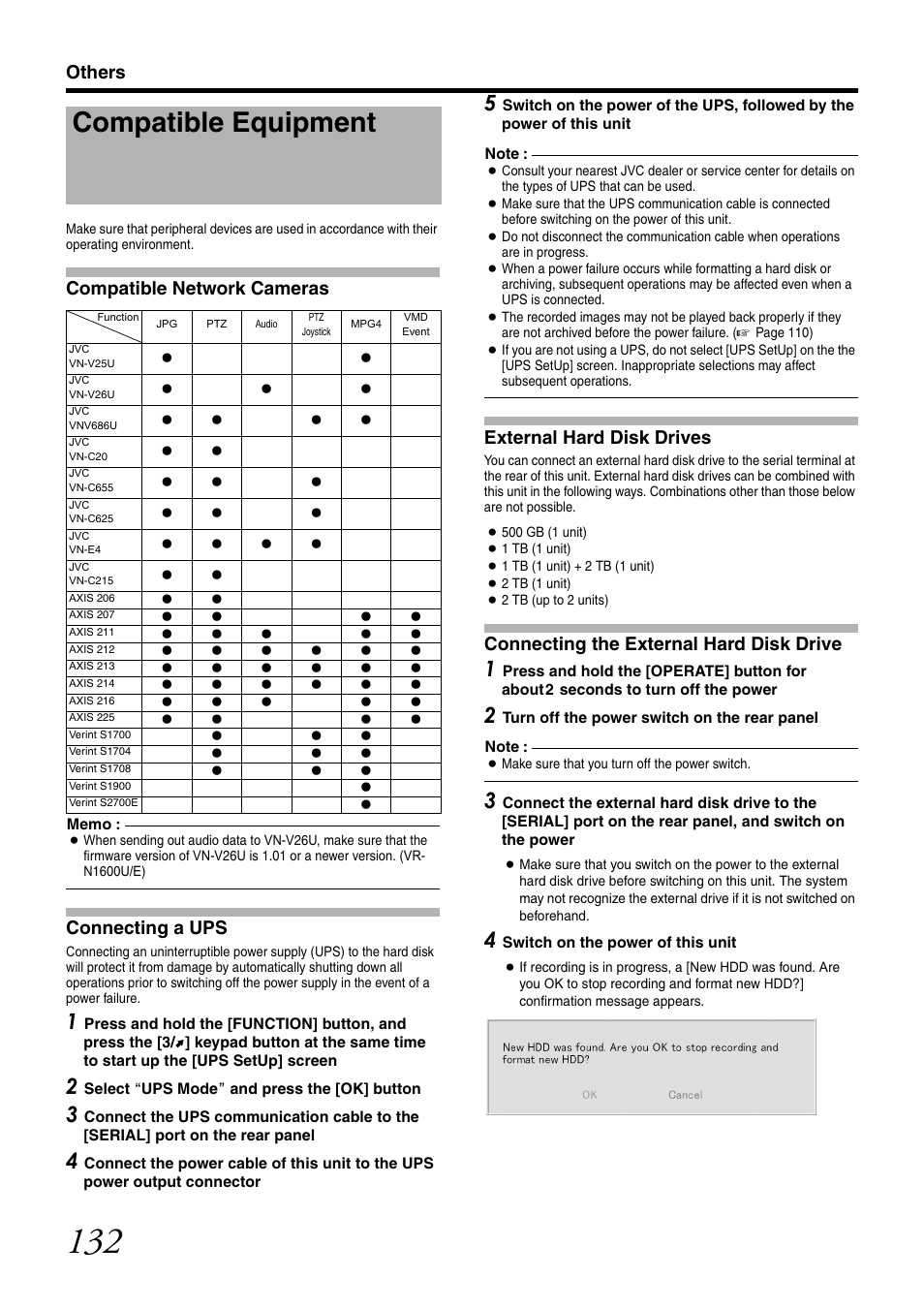 Others, Compatible equipment, Compatible network cameras | Connecting a ups, External hard disk drives, Connecting the external hard disk drive | JVC VR-N1600U User Manual | Page 140 / 162