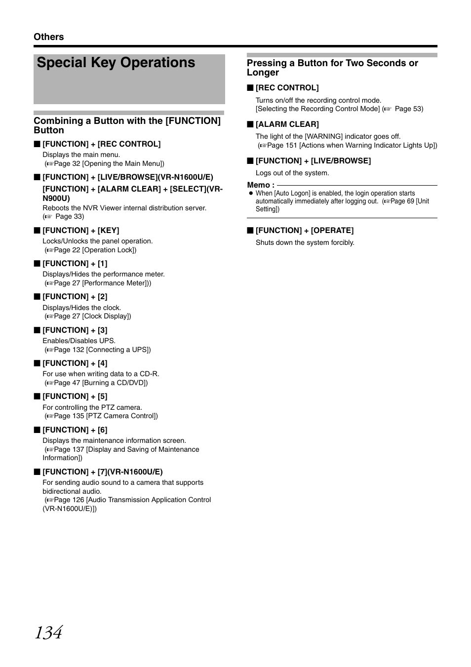 Special key operations, Combining a button with the [function] button, Pressing a button for two seconds or longer | JVC VR-N1600U User Manual | Page 142 / 162