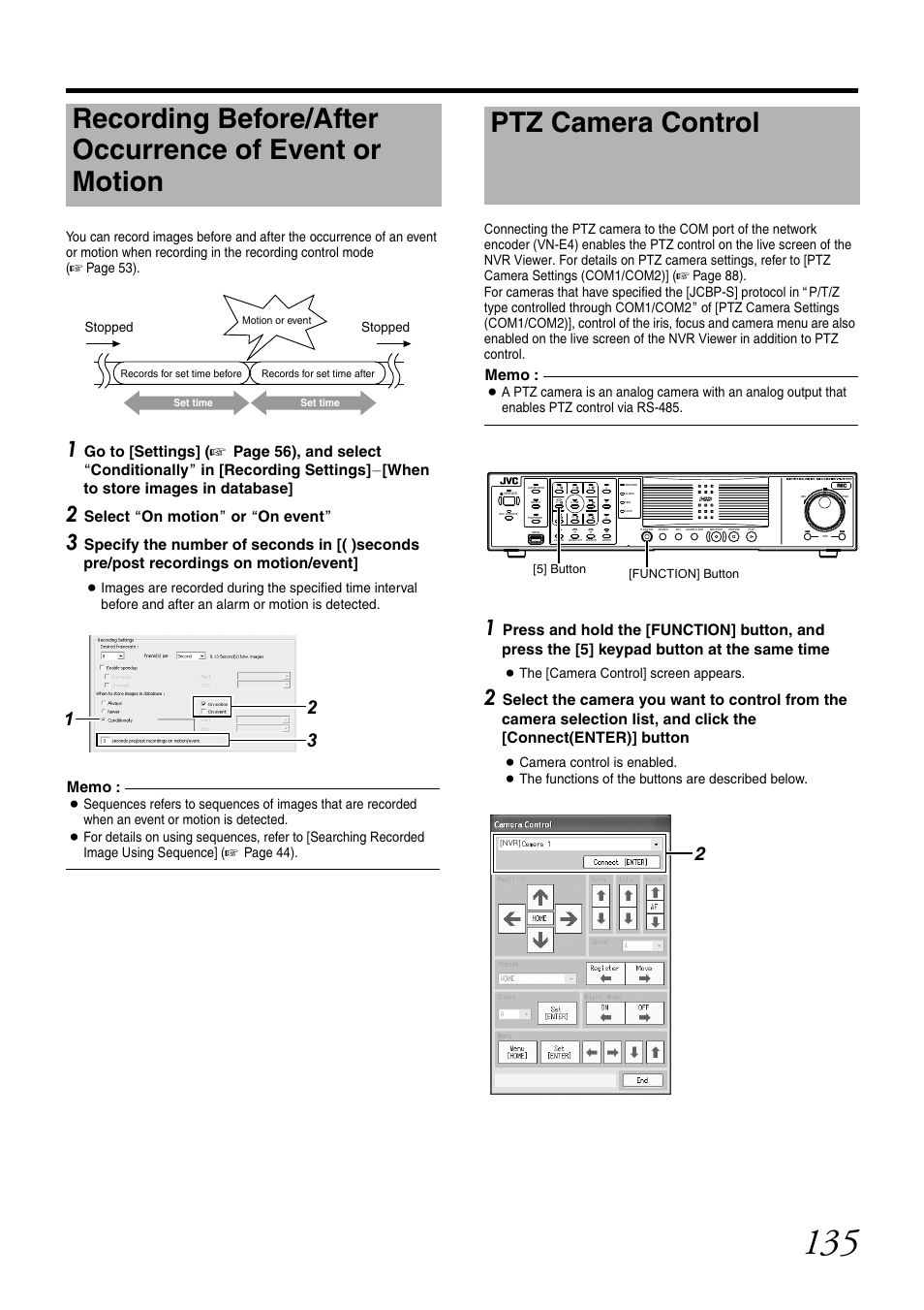 Ptz camera control, Select aon motionb or aon eventb, Enables ptz control via rs-485 | The [camera control] screen appears | JVC VR-N1600U User Manual | Page 143 / 162