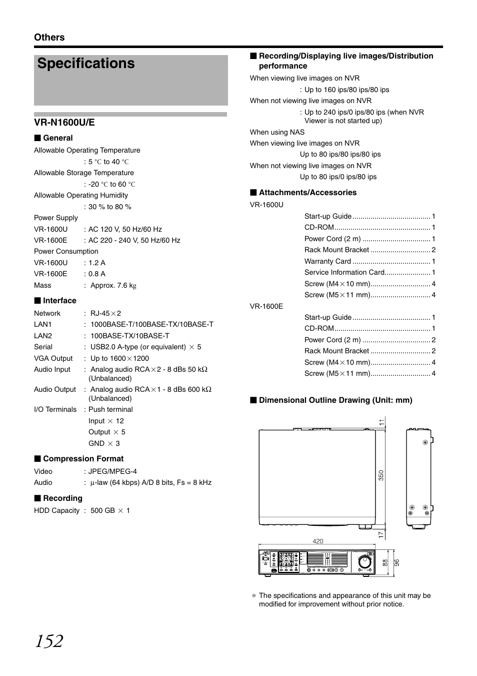 Specifications, Vr-n1600u/e, Others vr-n1600u/e | JVC VR-N1600U User Manual | Page 160 / 162