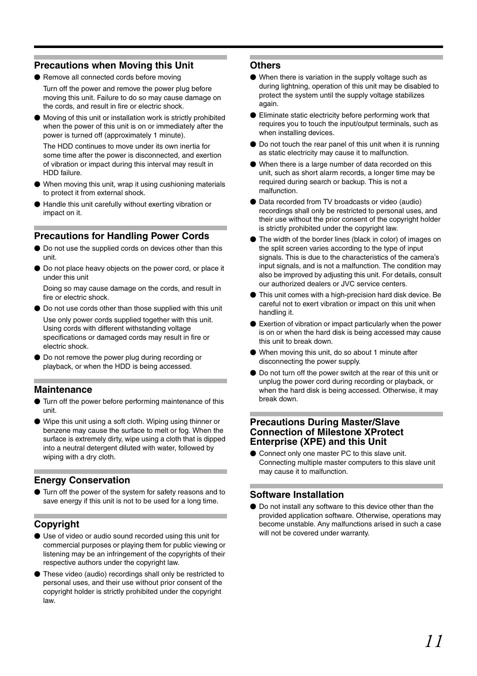 Precautions when moving this unit, Precautions for handling power cords, Maintenance | Energy conservation, Copyright, Others, Software installation | JVC VR-N1600U User Manual | Page 19 / 162