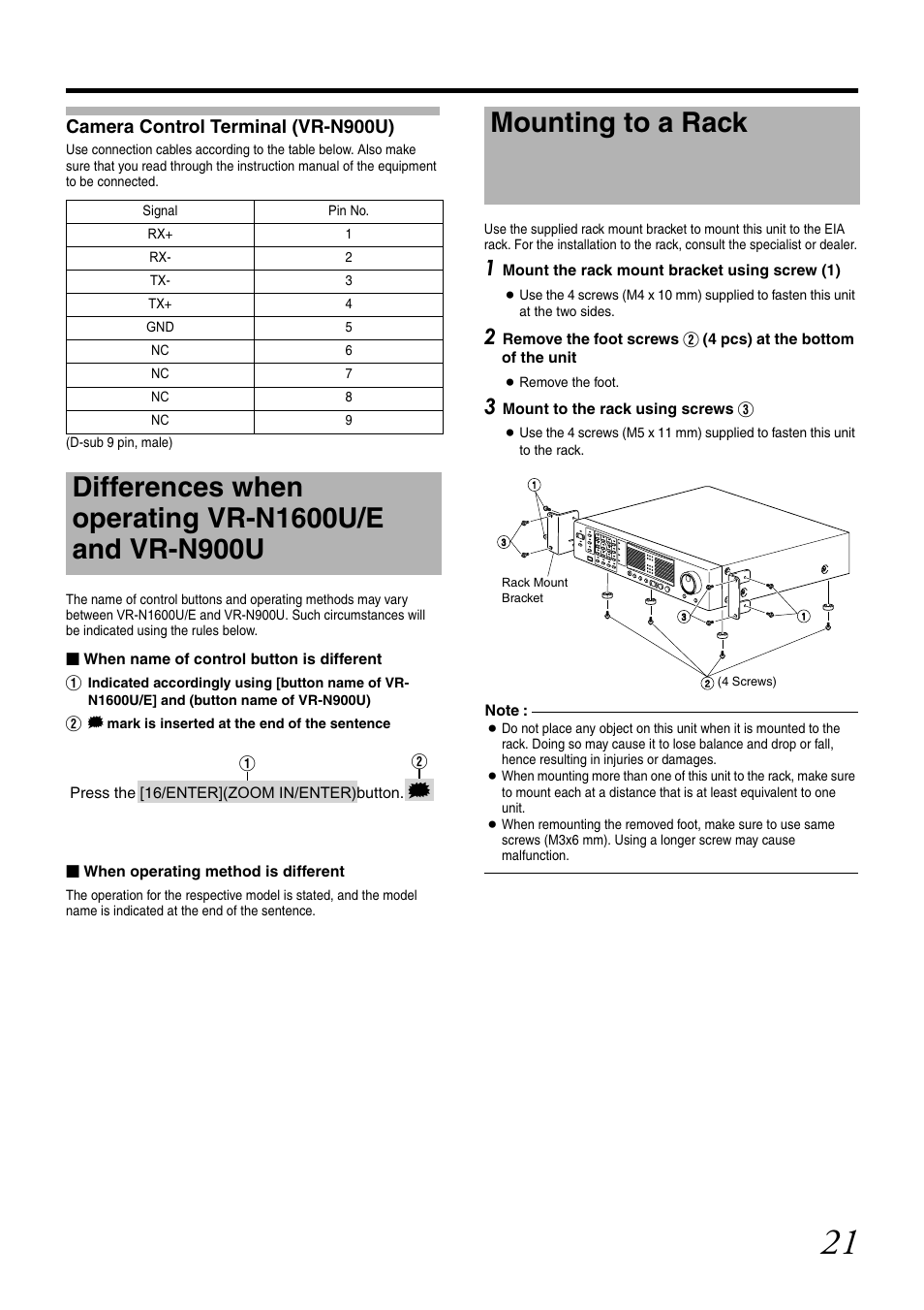Camera control terminal (vr-n900u), Mounting to a rack | JVC VR-N1600U User Manual | Page 29 / 162