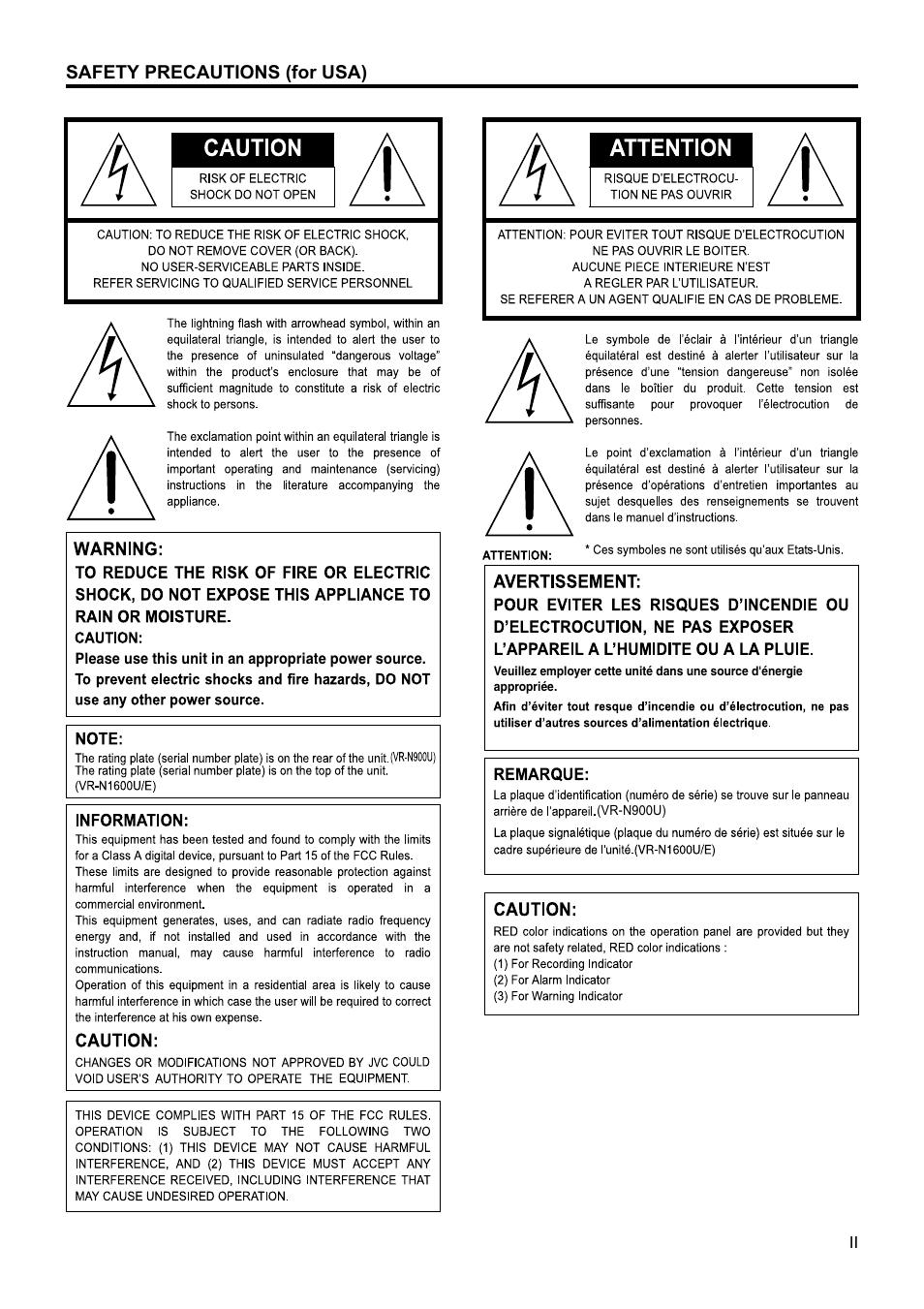 Safety precautions (for usa) | JVC VR-N1600U User Manual | Page 3 / 162