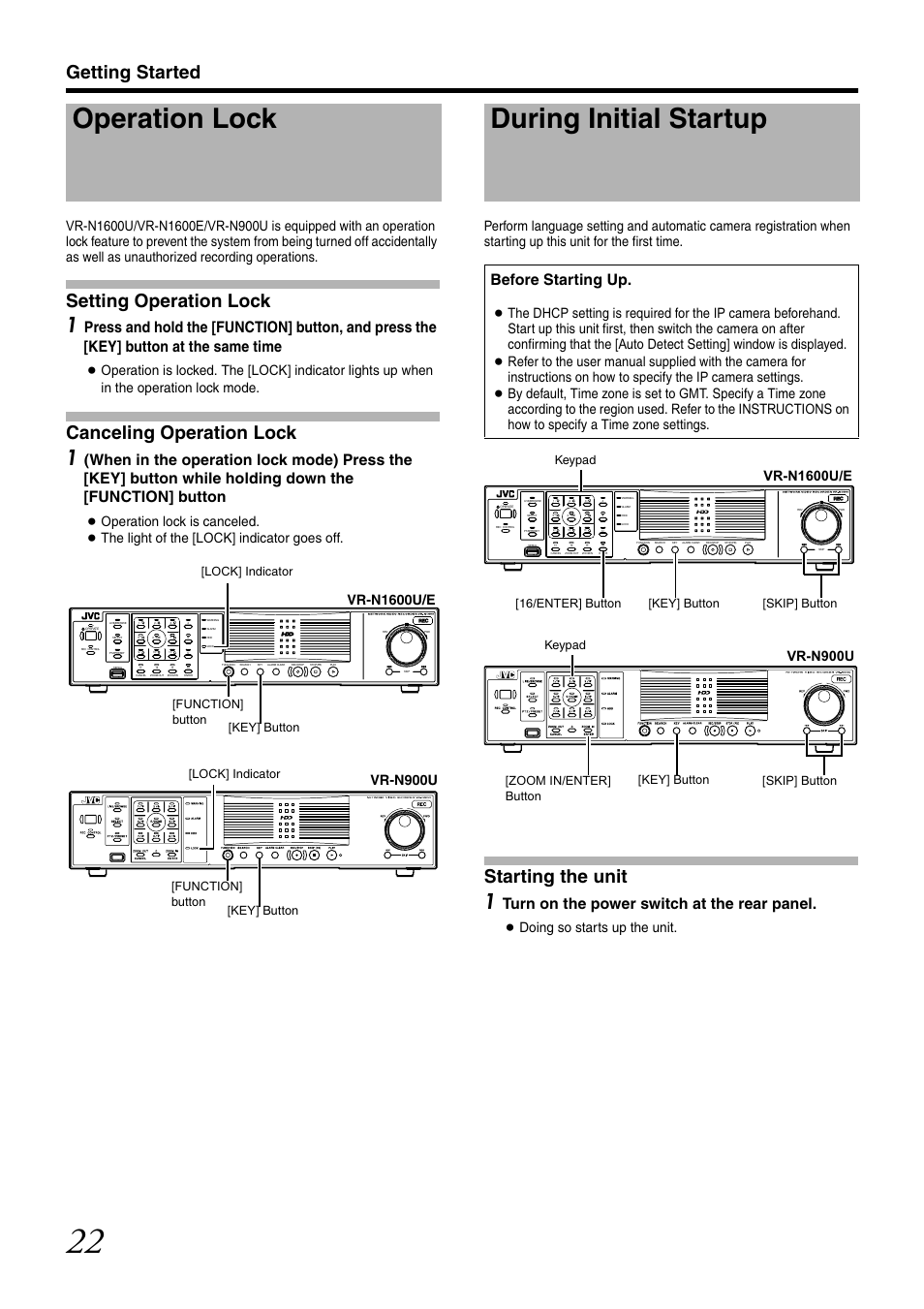 Operation lock, During initial startup, Getting started | Setting operation lock, Canceling operation lock, Starting the unit, Turn on the power switch at the rear panel, Before starting up, Doing so starts up the unit | JVC VR-N1600U User Manual | Page 30 / 162