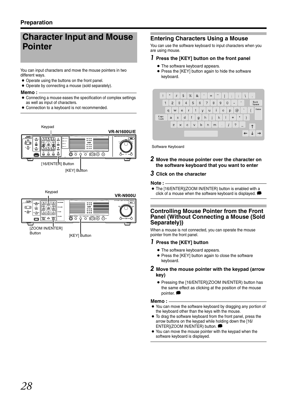 Character input and mouse pointer, Entering characters using a mouse, Controlling mouse pointer from the front panel | Without connecting a mouse (sold separately)), Preparation, Press the [key] b utton on the front panel, Press the [key] b utton, Move the mouse pointer with the keypad (arrow key), Connection to a keyboard is not recommended, Software keyboard is displayed | JVC VR-N1600U User Manual | Page 36 / 162