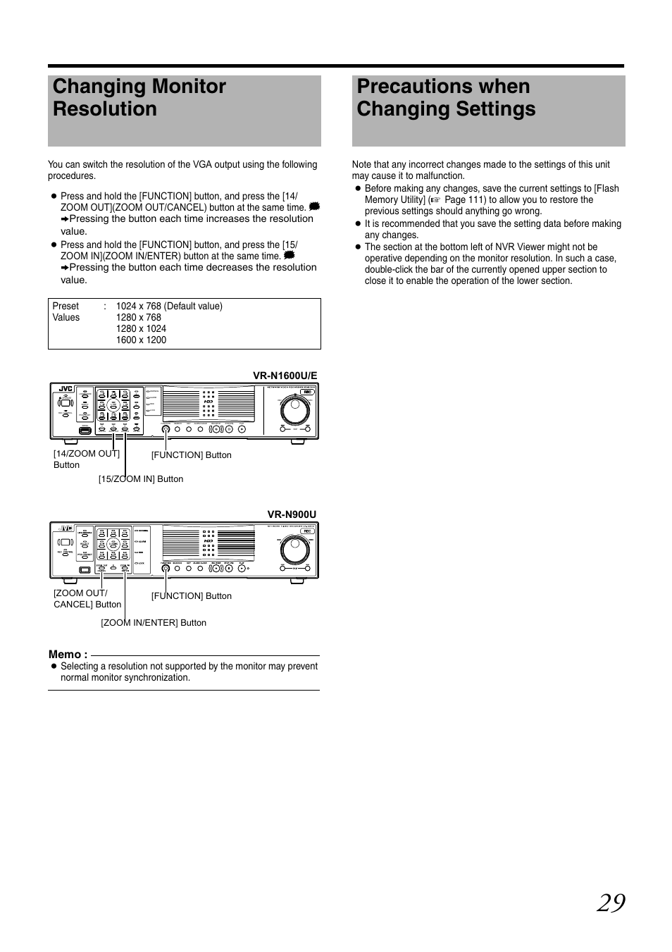 Changing monitor resolution, Precautions when changing settings | JVC VR-N1600U User Manual | Page 37 / 162