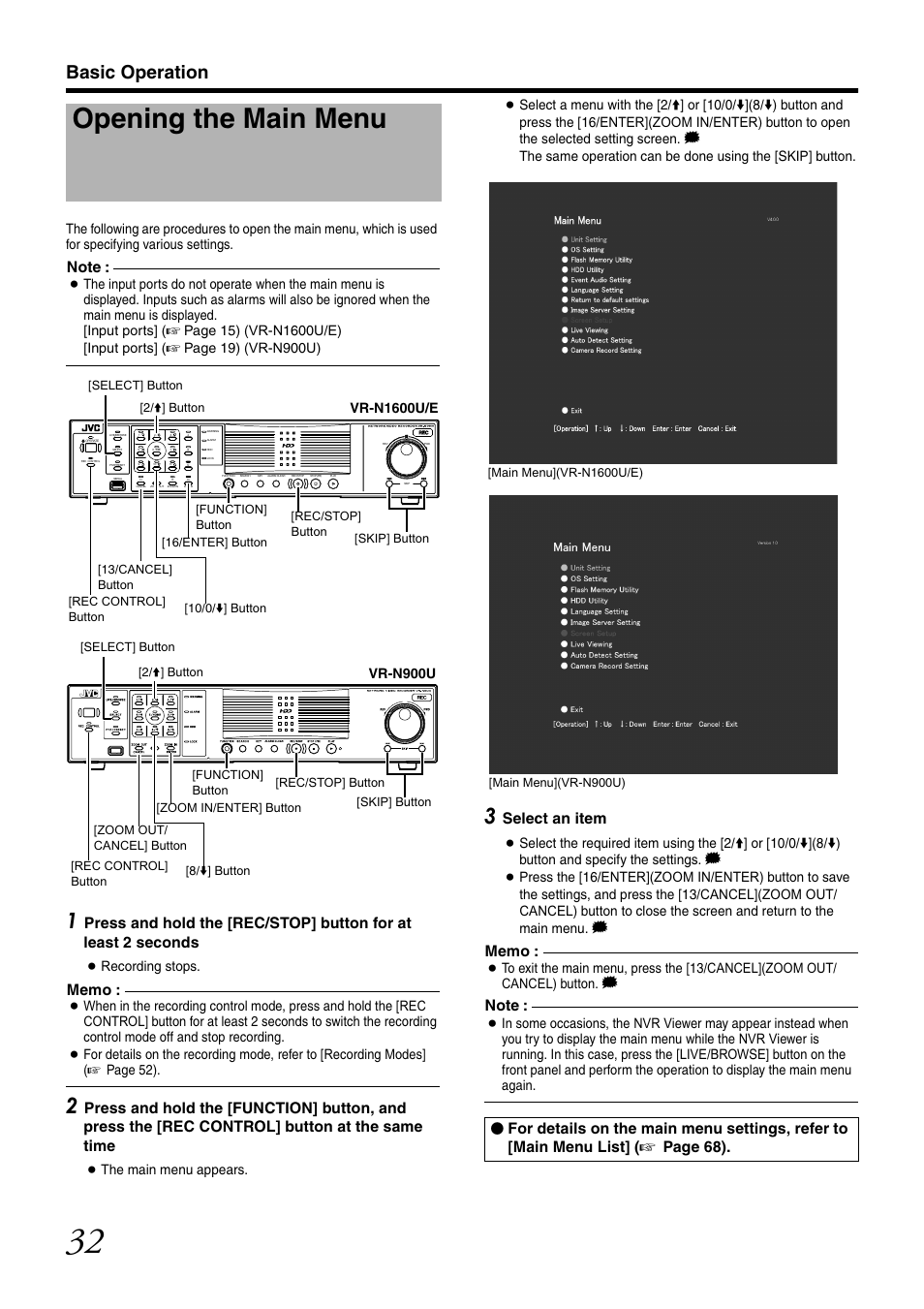 Opening the main menu, Basic operation, Select an item | Recording stops, A page 52), Again | JVC VR-N1600U User Manual | Page 40 / 162