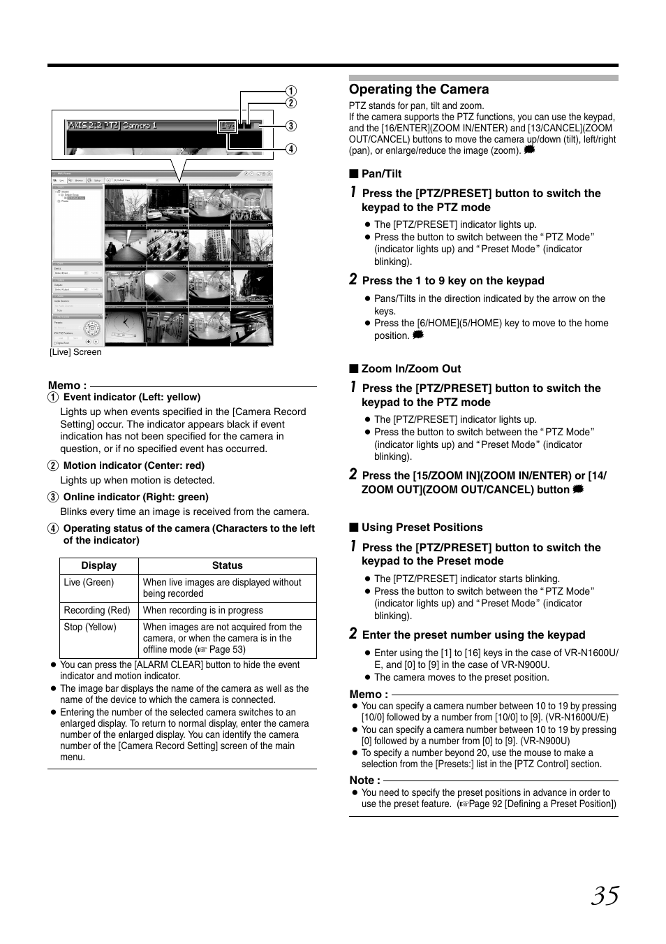 Operating the camera, Om out | JVC VR-N1600U User Manual | Page 43 / 162