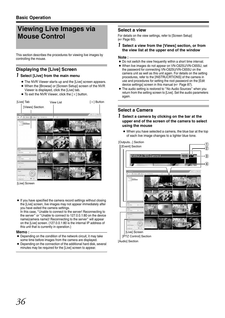 Viewing live images via mouse control, Displaying the [live] screen, Select a view | Select a camera, Basic operation, Displa ying the [live] screen | JVC VR-N1600U User Manual | Page 44 / 162