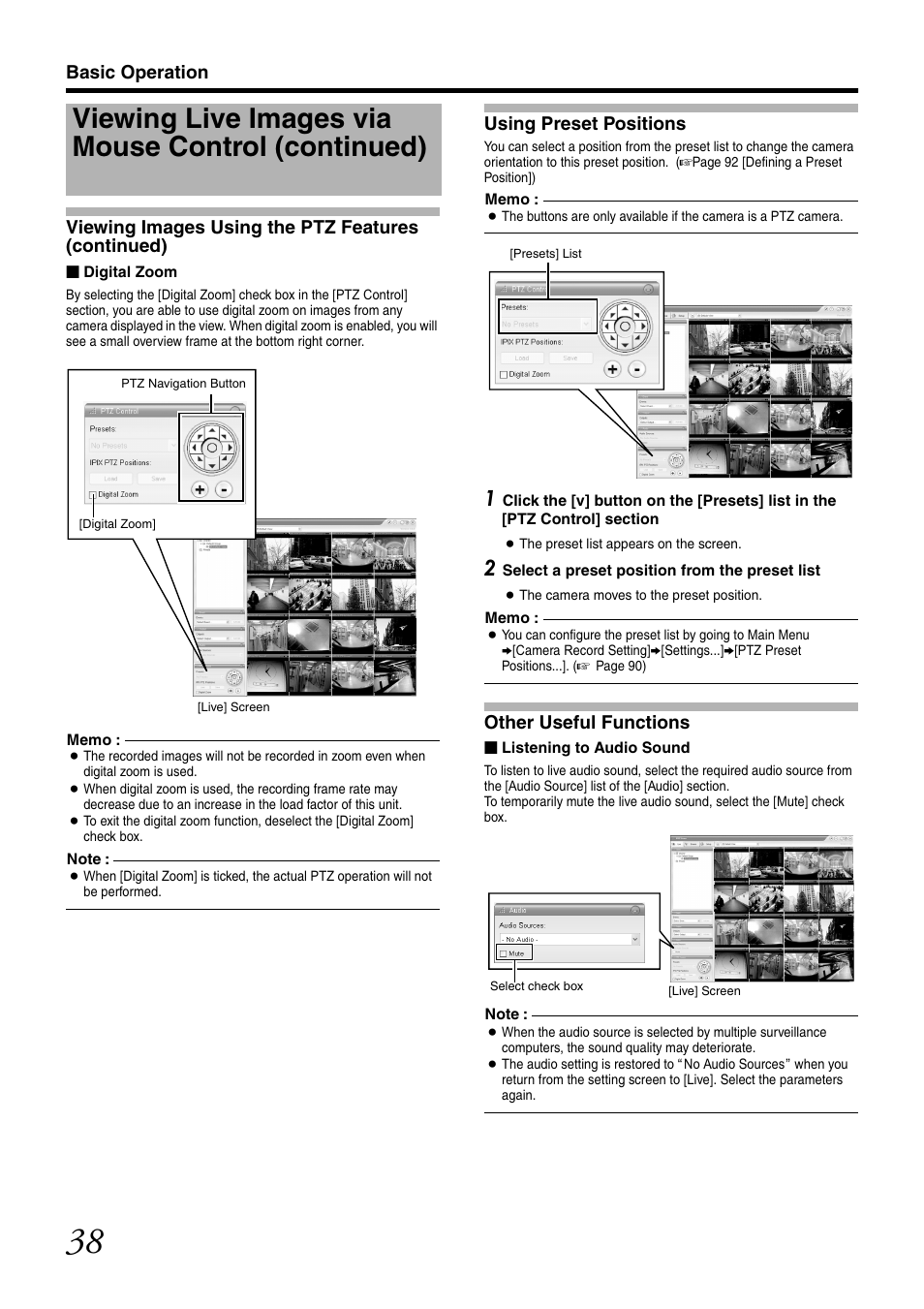 Using preset positions, Other useful functions, Viewing live images via mouse control (continued) | JVC VR-N1600U User Manual | Page 46 / 162