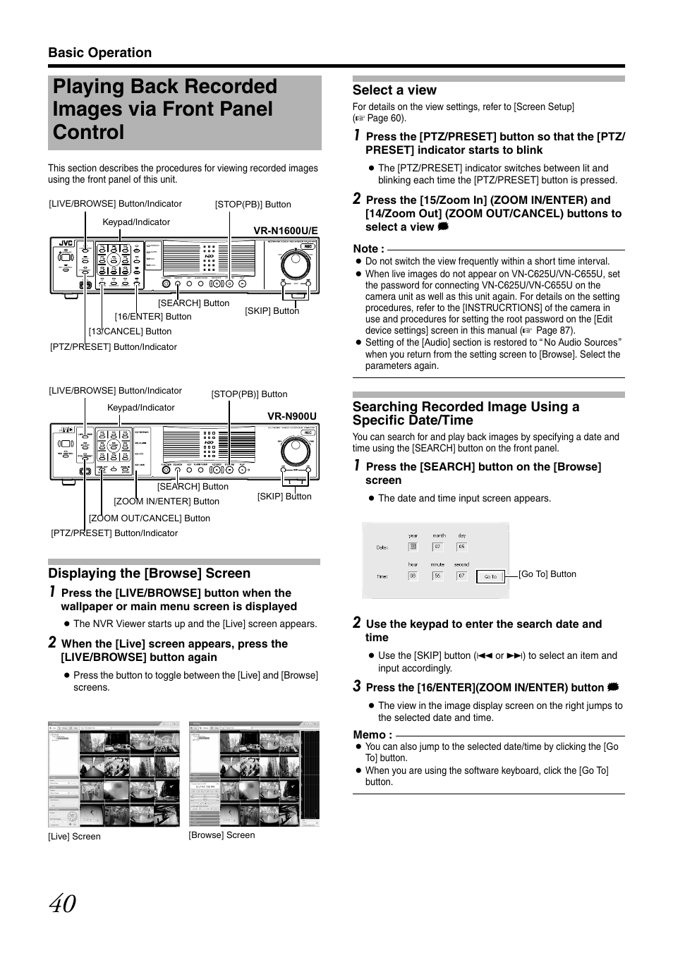 Select a view, Basic operation, Displa ying the [browse] screen | Press the [search] b utton on the [browse] screen, Use the keypad to enter the search date and time, Press the [16/enter](zoom in/enter) b utton | JVC VR-N1600U User Manual | Page 48 / 162