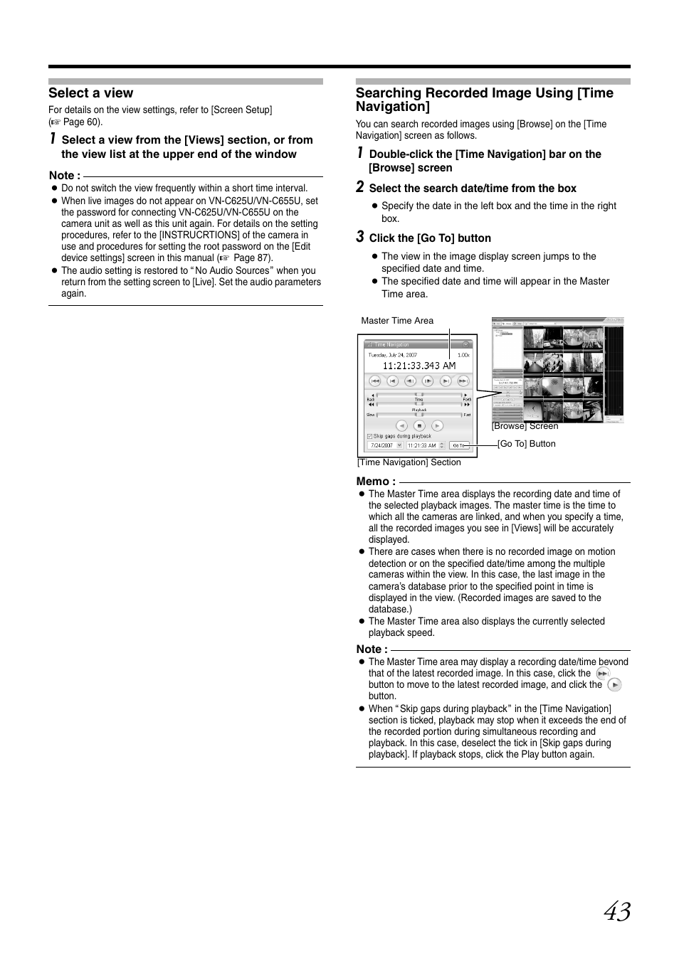 Select a view, Searching recorded image using [time navigation, Searching recorded imag e using [time navigation | JVC VR-N1600U User Manual | Page 51 / 162