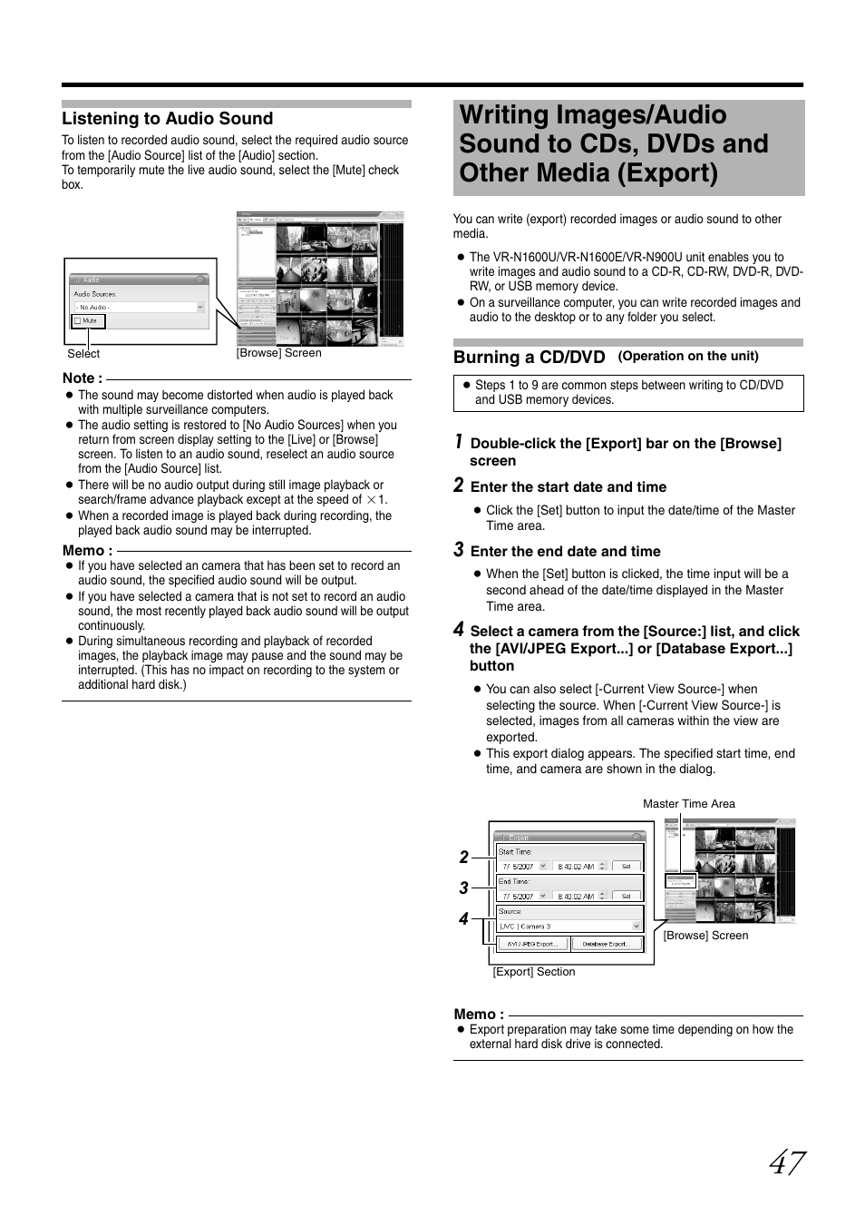 Listening to audio sound, Writing images/audio sound to cds, dvds and, Other media (export) | Burning a cd/dvd | JVC VR-N1600U User Manual | Page 55 / 162