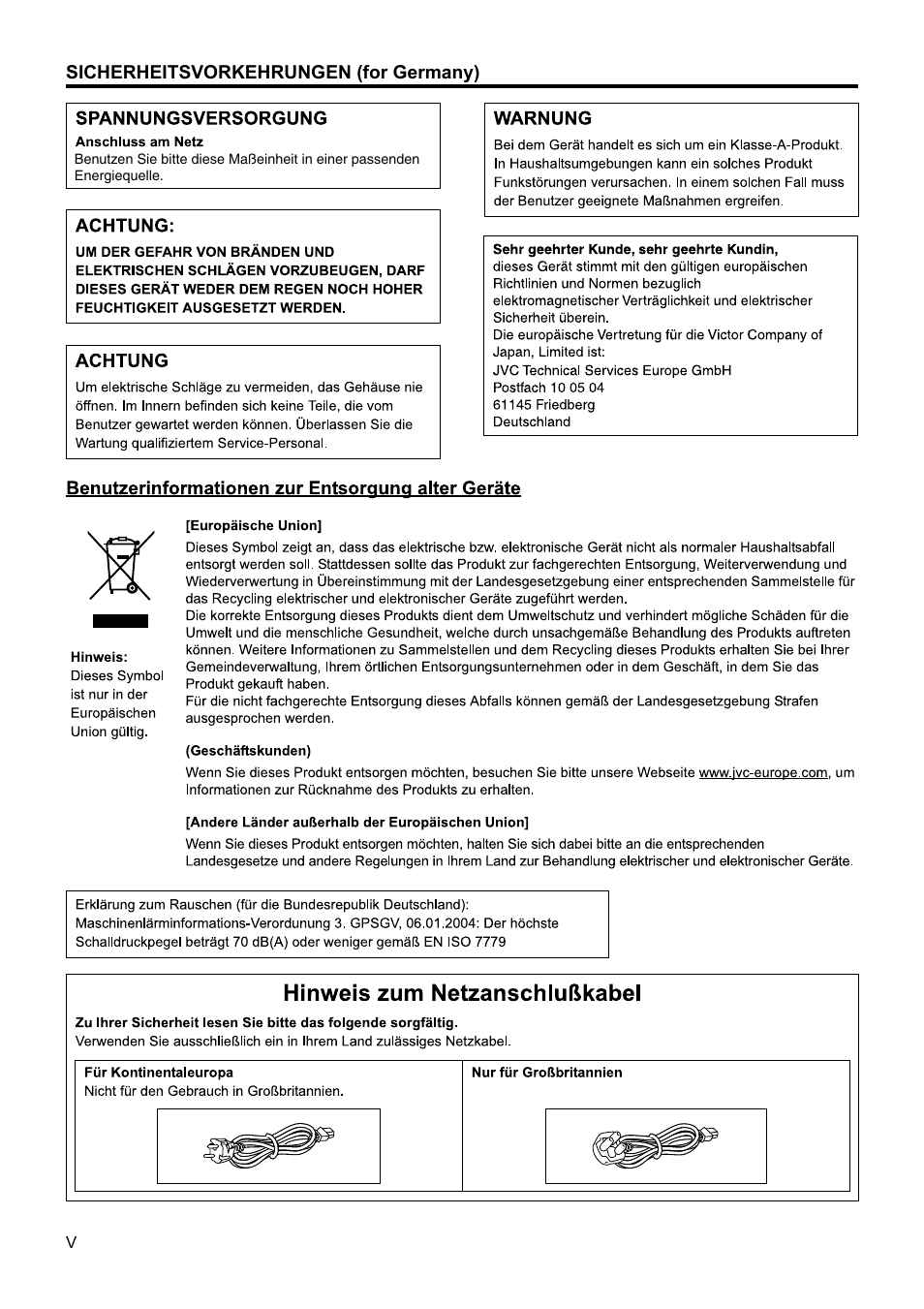 Sicherheitsvorkehrungen (for germany) | JVC VR-N1600U User Manual | Page 6 / 162