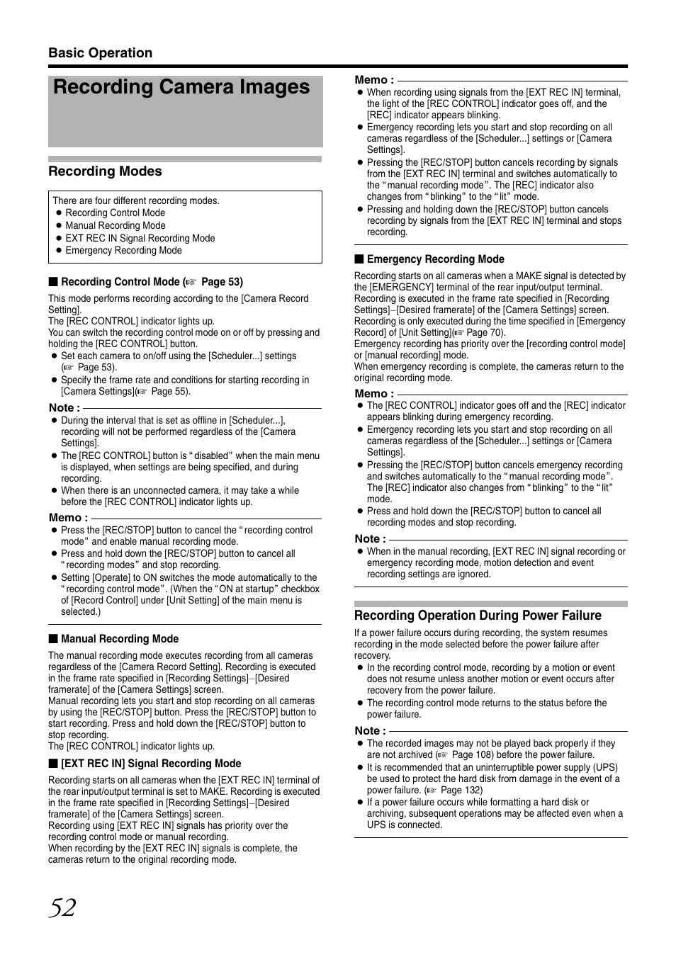 Recording camera images, Recording modes, Recording operation during power failure | To [recording, Camera images, R to [recording modes, Basic operation recording modes | JVC VR-N1600U User Manual | Page 60 / 162