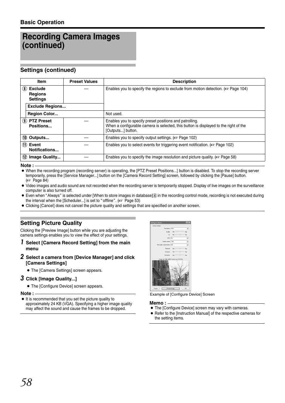 Setting picture quality, Recording camera images (continued), Basic operation settings (continued) | JVC VR-N1600U User Manual | Page 66 / 162