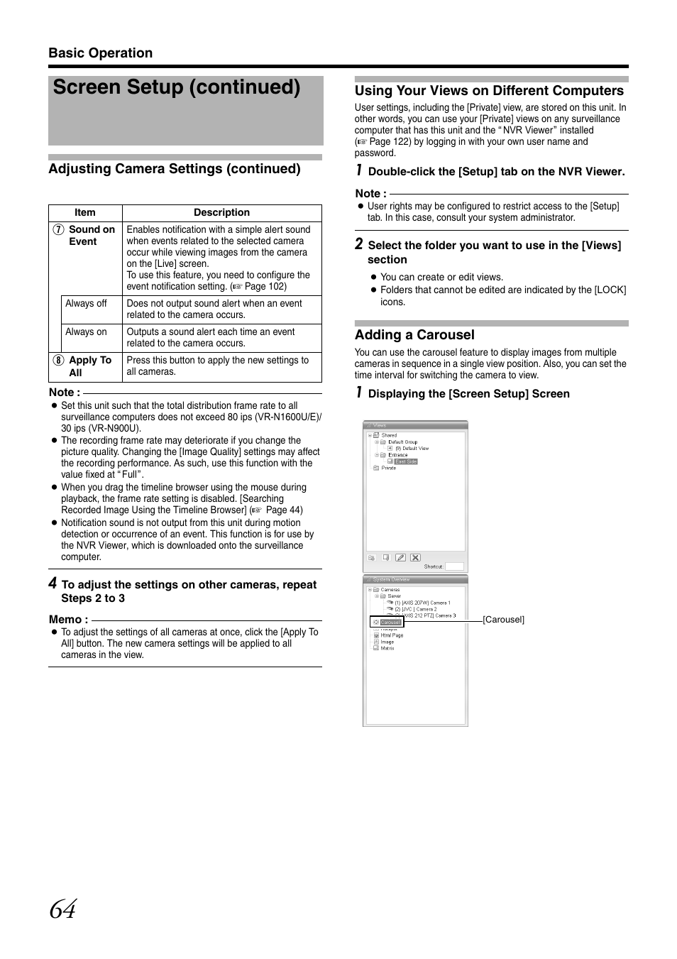 Using your views on different computers, Adding a carousel, Screen setup (continued) | JVC VR-N1600U User Manual | Page 72 / 162