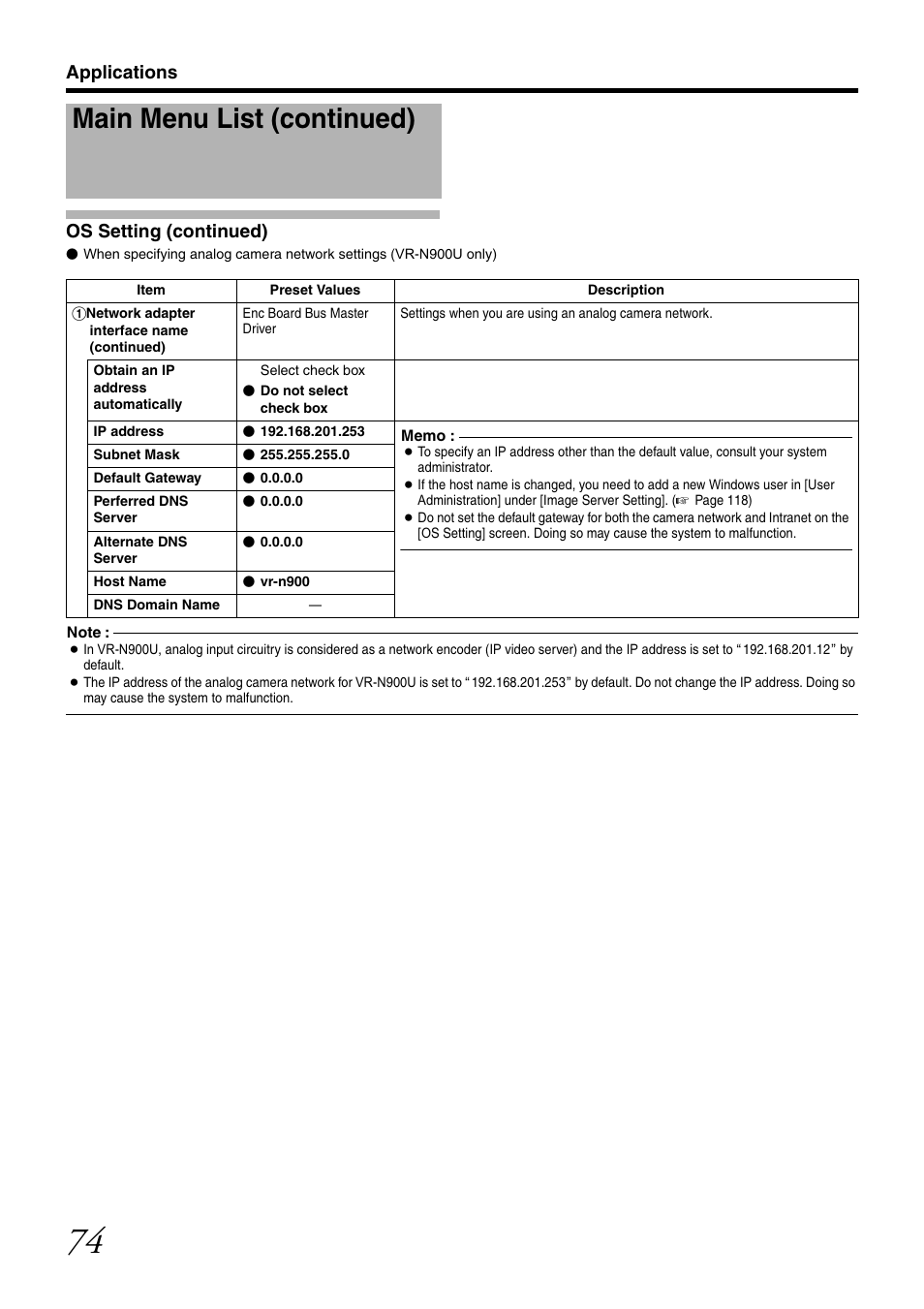 Main menu list (continued), Applications os setting (continued) | JVC VR-N1600U User Manual | Page 82 / 162