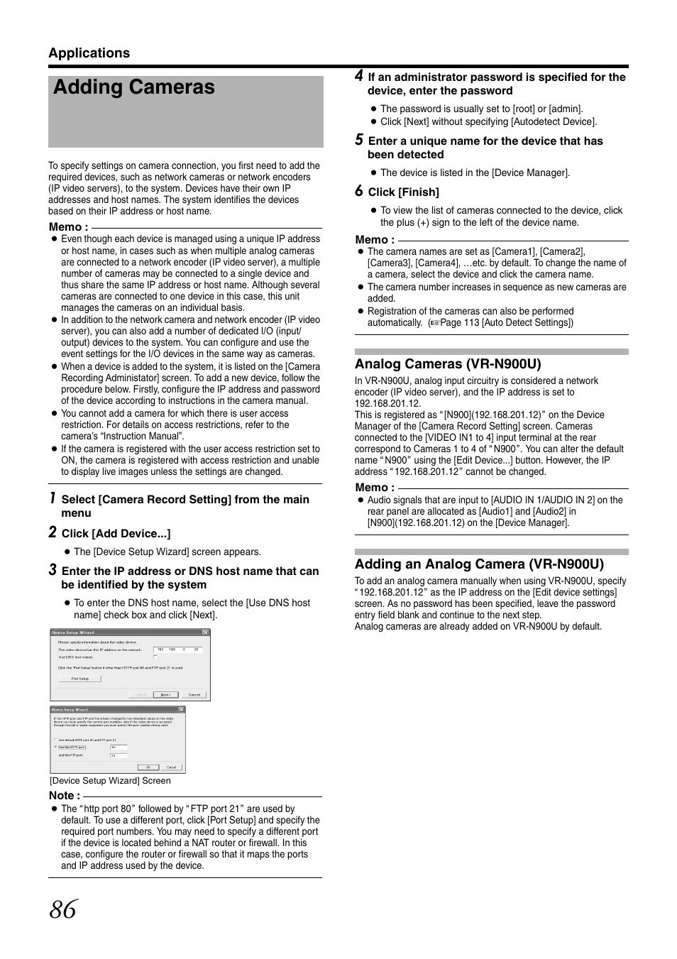Adding cameras, Analog cameras (vr-n900u), Adding an analog camera (vr-n900u) | JVC VR-N1600U User Manual | Page 94 / 162