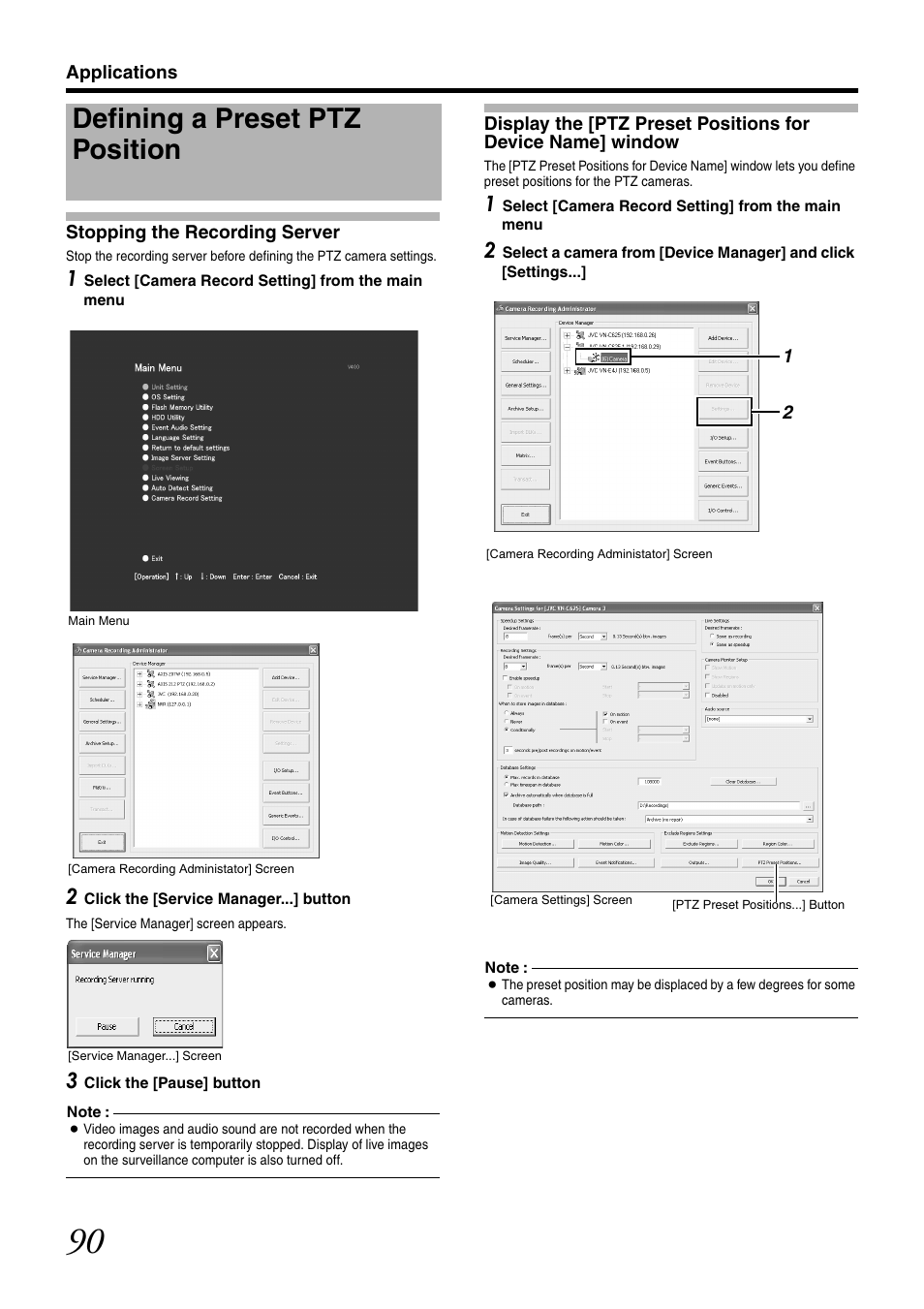 Defining a preset ptz position, Stopping the recording server, Display the [ptz preset positions for device name | Window | JVC VR-N1600U User Manual | Page 98 / 162