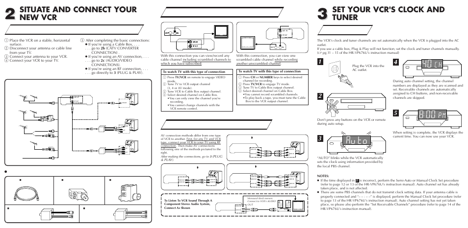 Situate and connect your new vcr, Set your vcr's clock and tuner, A–basic antenna/cable connection | B–catv converter connection plug & play, C–audio/video connections, Connectors which are or may be required, Rf connection | JVC HR-VP676U User Manual | Page 2 / 2