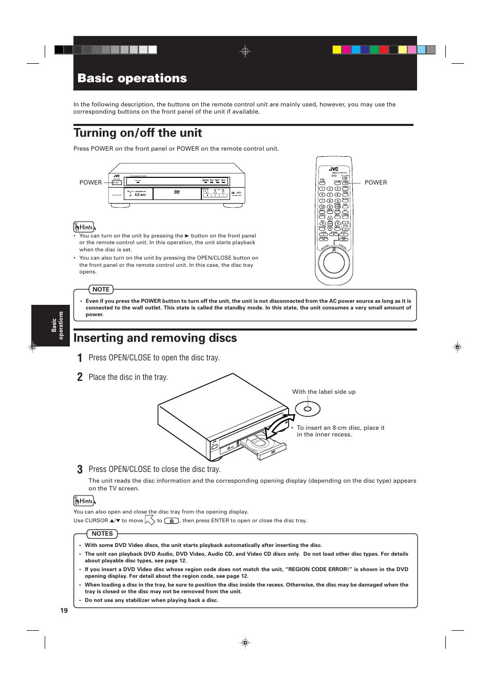 Basic operations, Turning on/off the unit, Inserting and removing discs | JVC XV-D721BK User Manual | Page 22 / 60