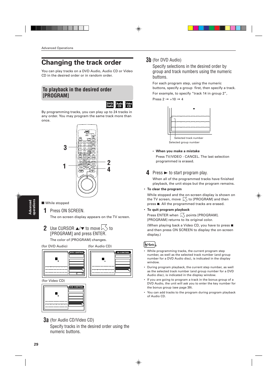 Changing the track order, Press 3 to start program play, Press on screen | Advanced operations, While stopped, The on-screen display appears on the tv screen, For dvd audio) | JVC XV-D721BK User Manual | Page 32 / 60
